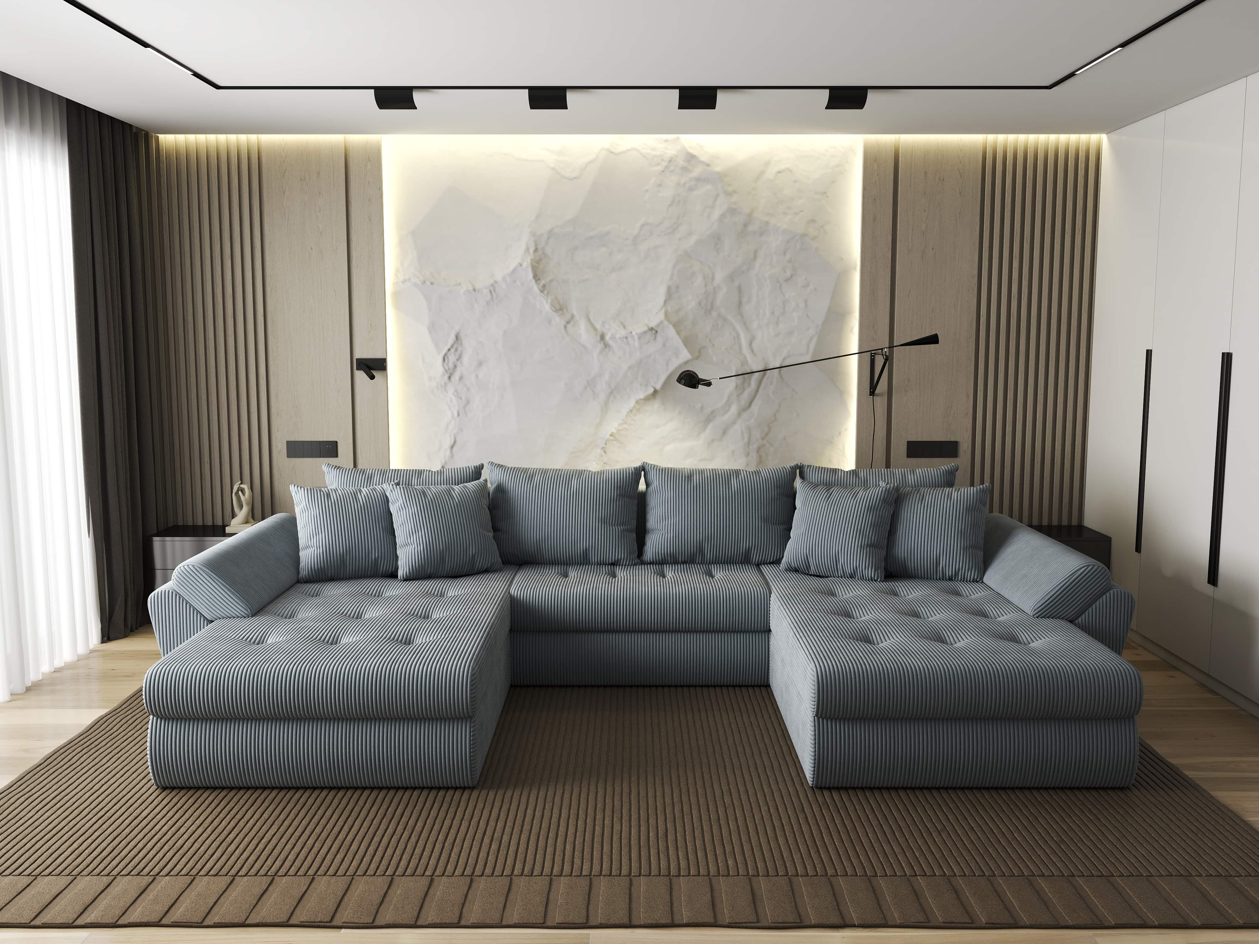 Colțar extensibil dumonde cu ladă de depozitare si sezut confortabil din spuma HR, Loana U Zoom Grey 355x185 cm Fabrica