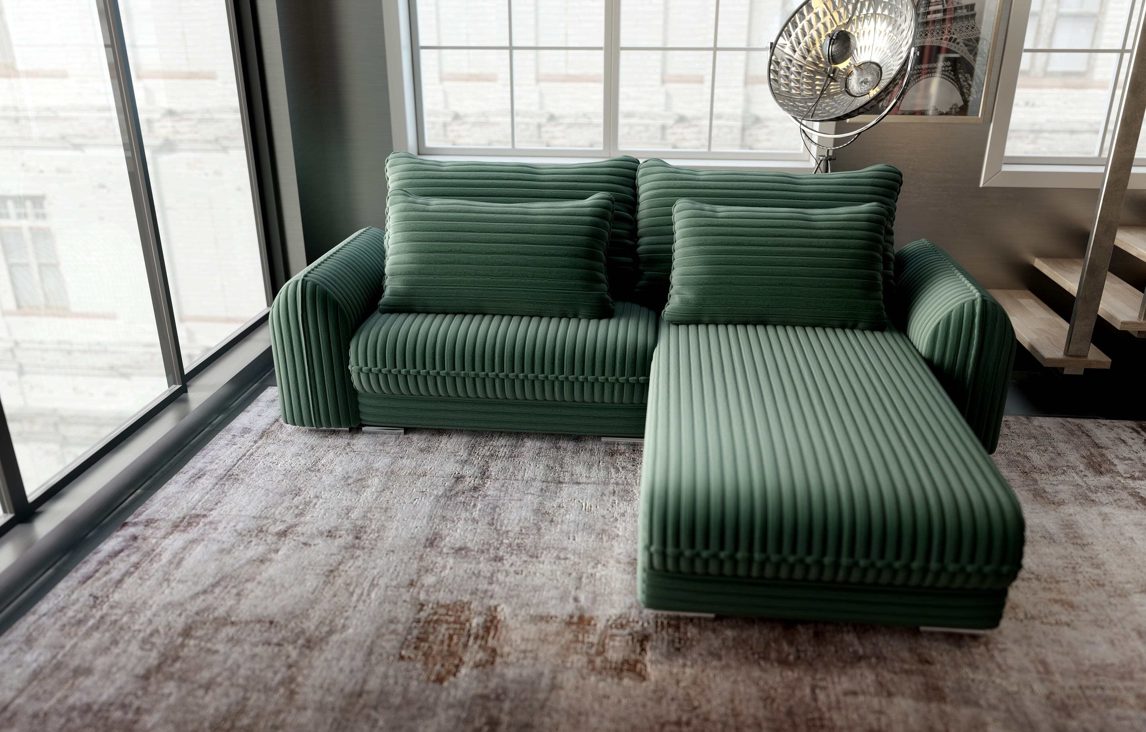 Colțar extensibil dumonde cu ladă de depozitare si sezut confortabil din spuma HR, Denver Ambience Verde 275x185 cm II Fabrica
