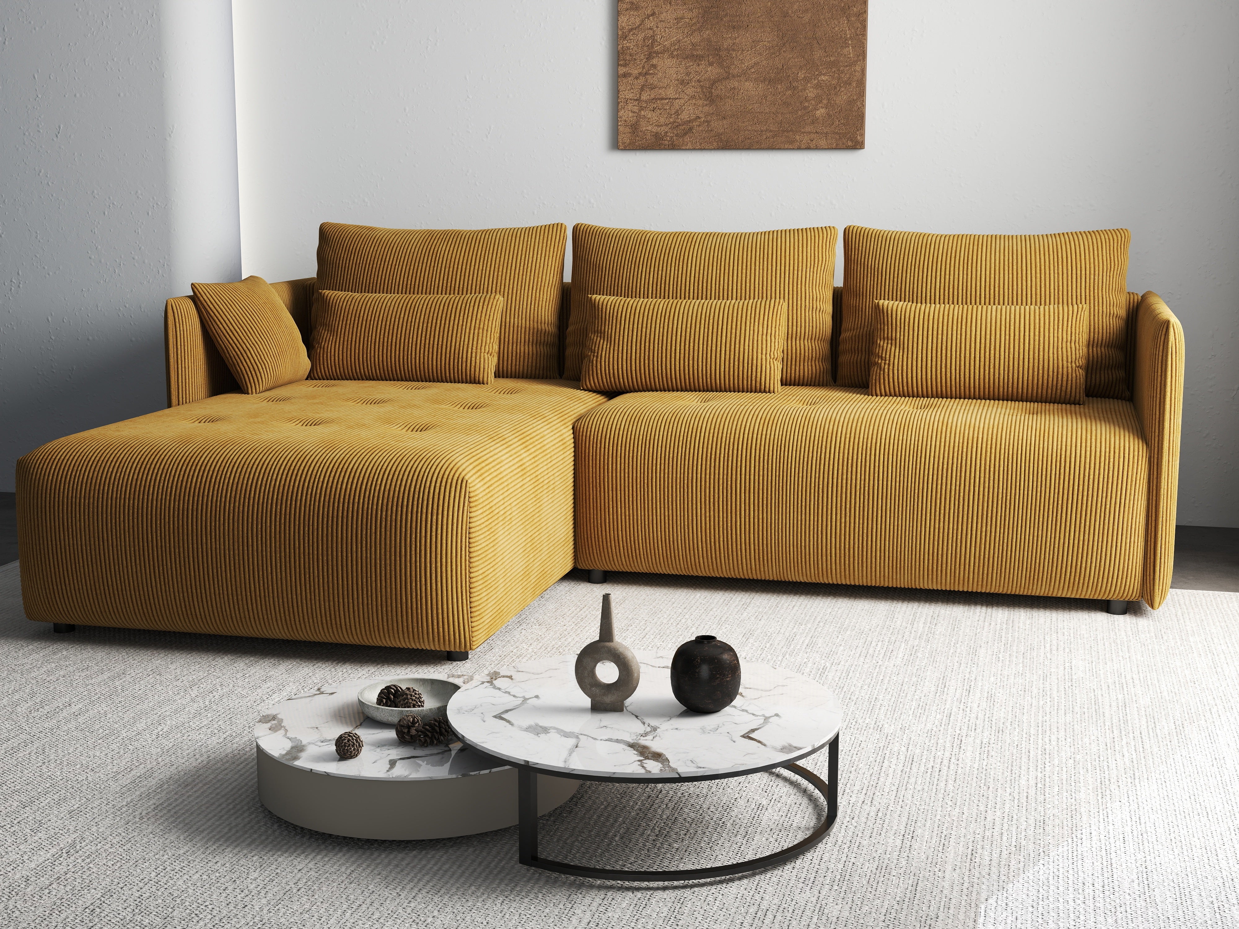 Colțar extensibil dumonde cu ladă de depozitare si sezut confortabil din spuma HR, Malta Zoom Mustar II 235x185 cm Fabrica