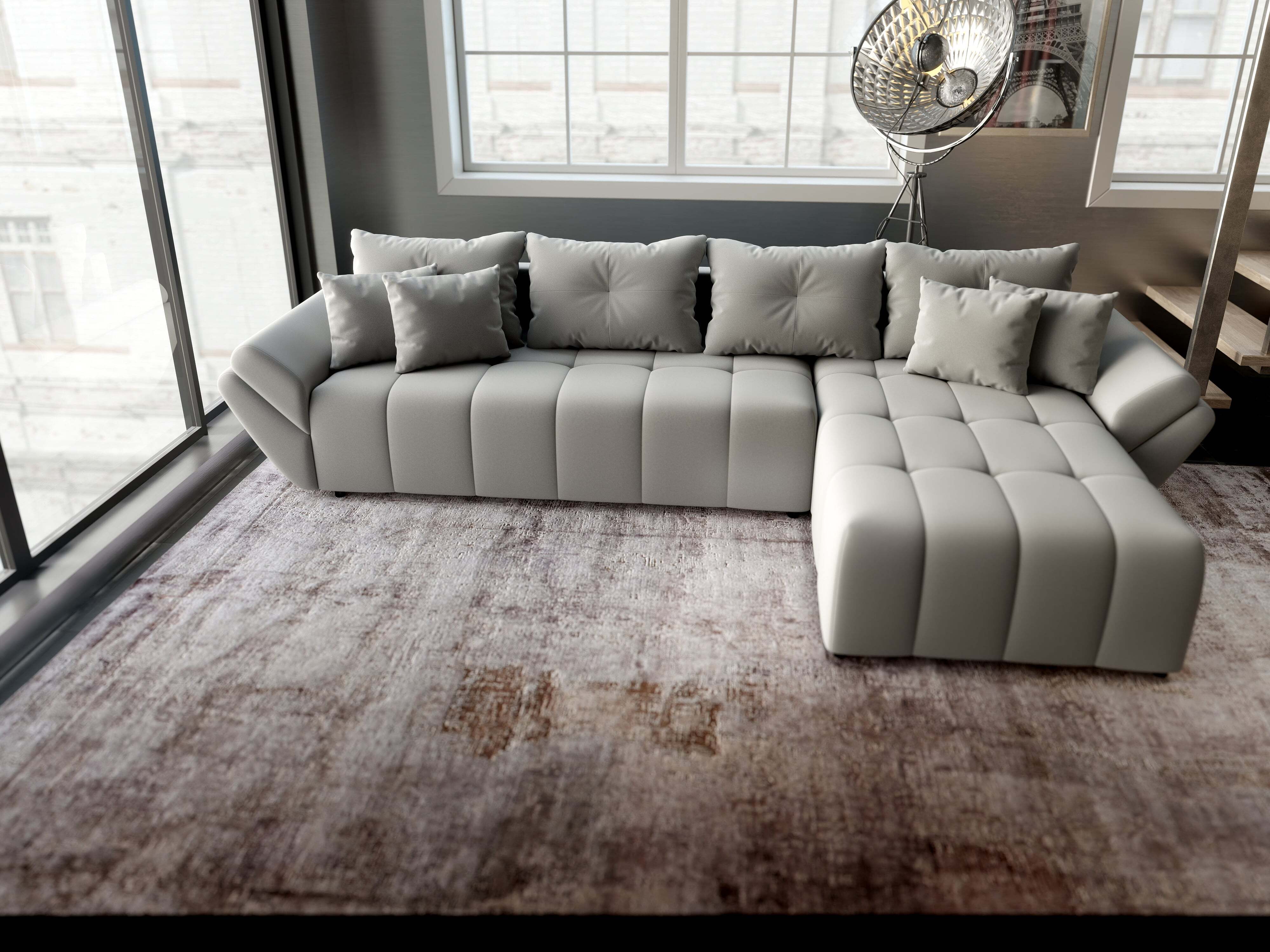 Colțar extensibil dumonde cu ladă de depozitare si sezut confortabil din spuma HR, Berlin XL Royal Gri 350x185 cm II Fabrica