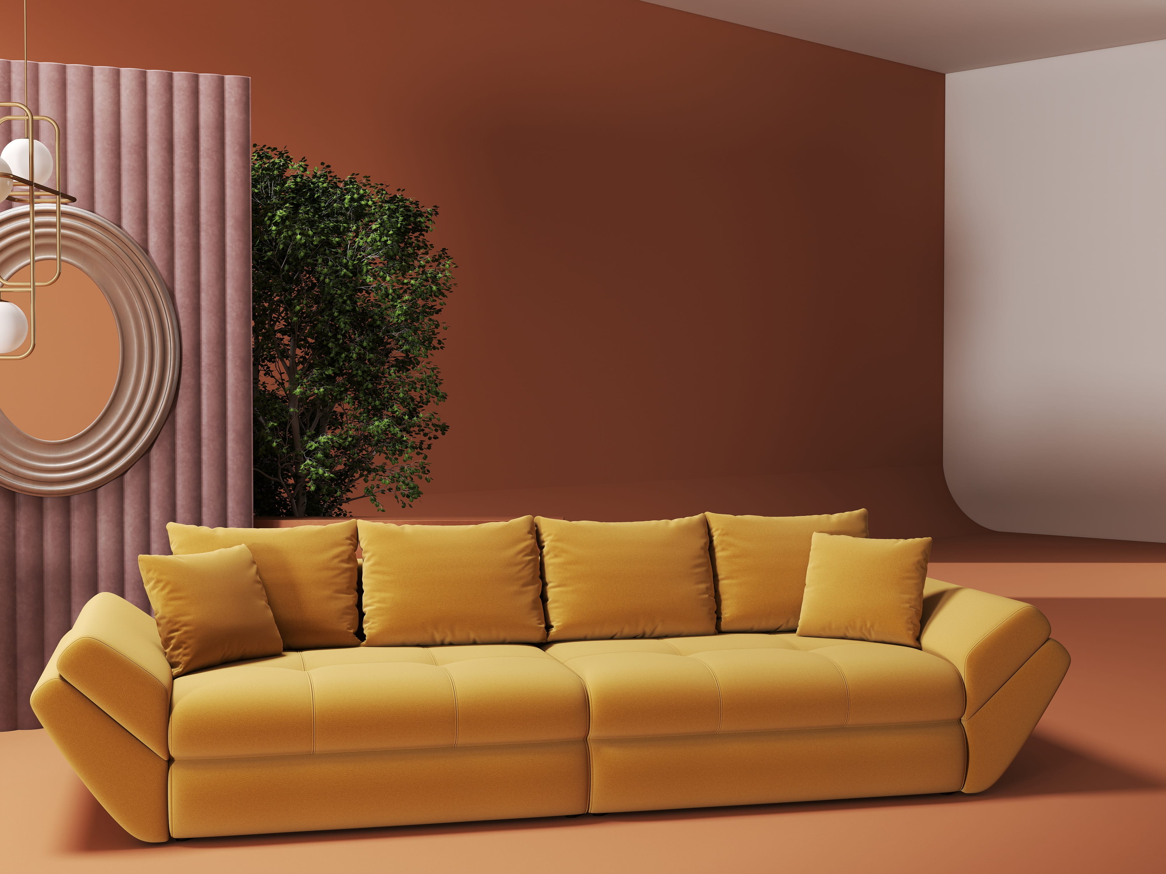 Canapea extensibilă dumonde cu ladă de depozitare si sezut confortabil din spuma HR, Loana Royal Mustar 300x100 cm Fabrica