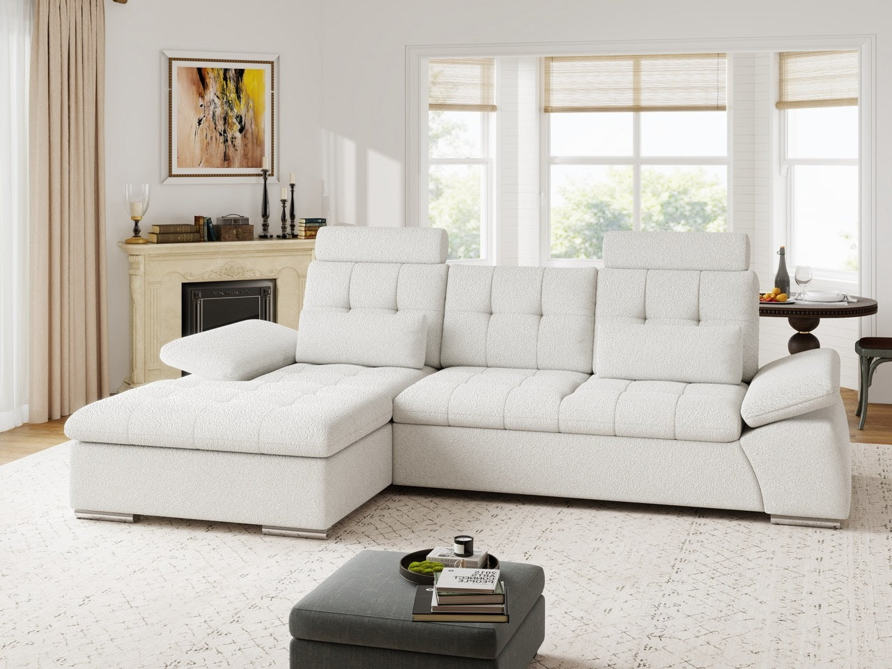 Colțar extensibil dumonde cu ladă de depozitare și șezut confortabil din spumă HR, Merkur Euphoria Alb 270x168 cm