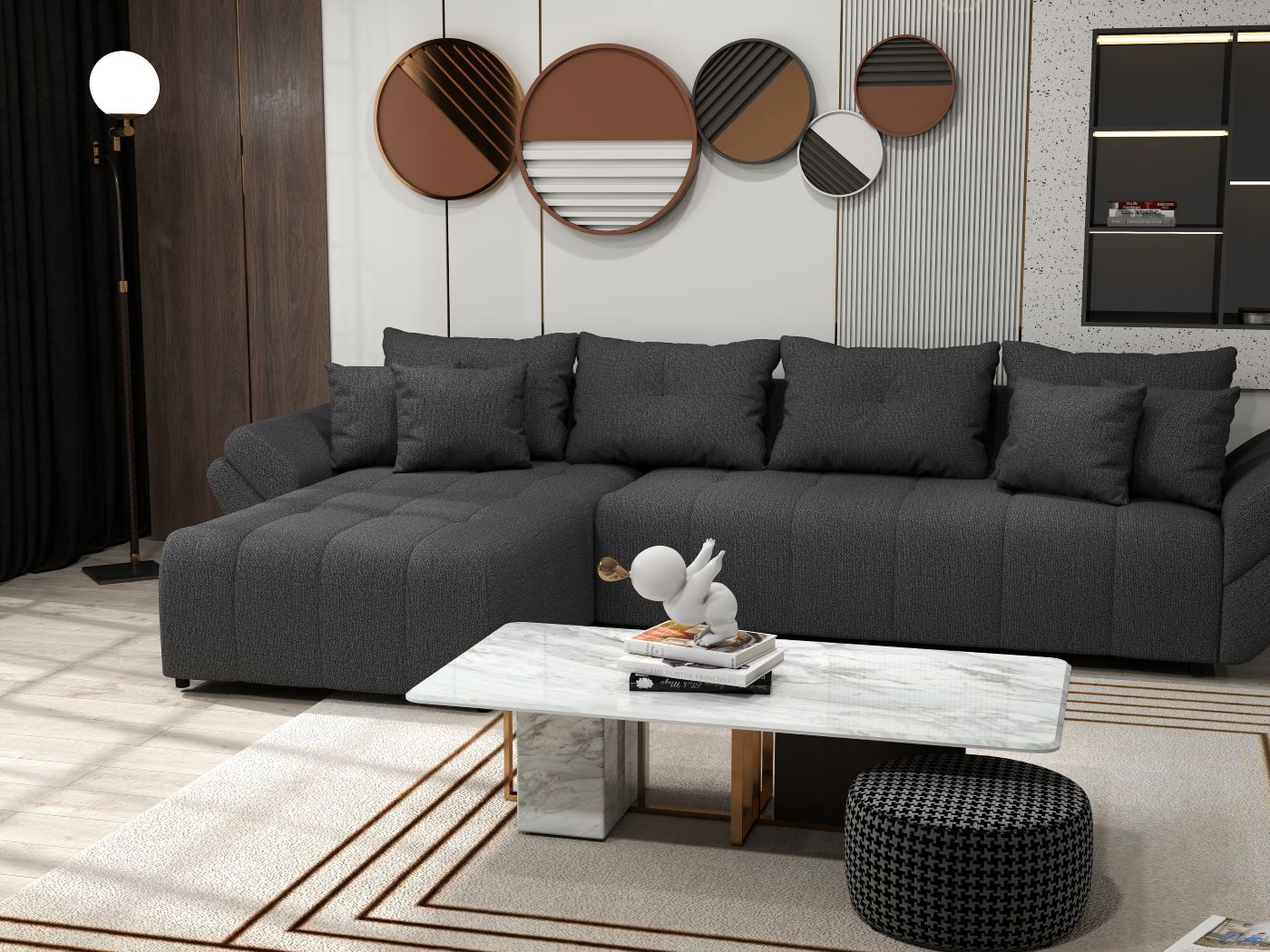 Colțar extensibil dumonde cu ladă de depozitare si sezut confortabil din spuma HR, Berlin XL Enjoy Graphite 350x185 cm Fabrica