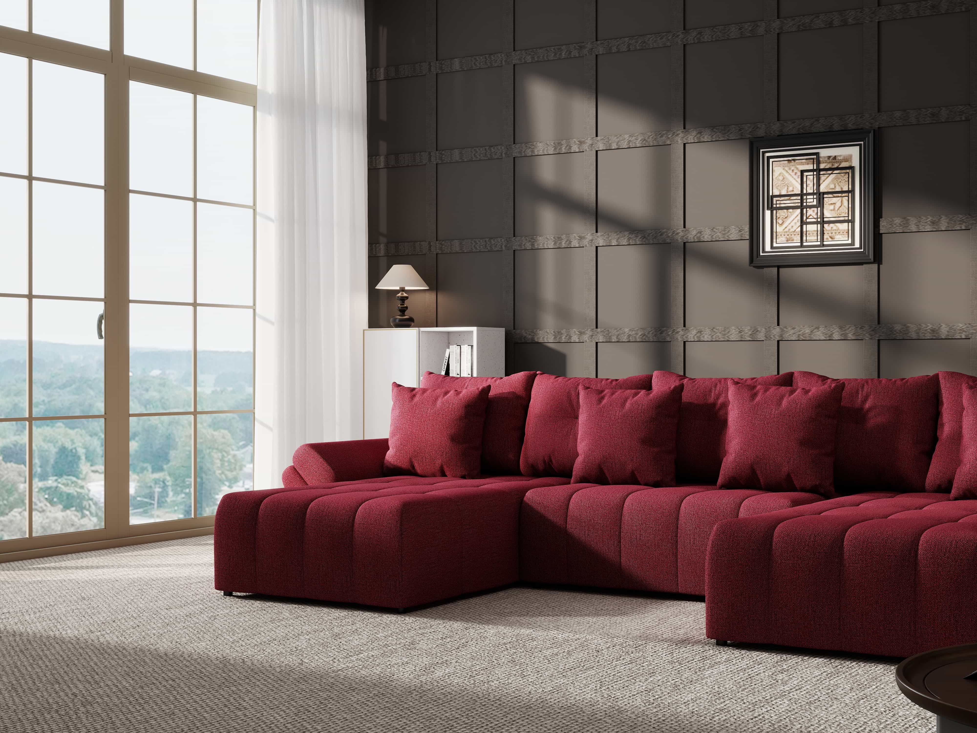 Colțar extensibil dumonde cu ladă de depozitare si sezut confortabil din spuma HR, Berlin U Enjoy Rosu 380x180 cm Fabrica