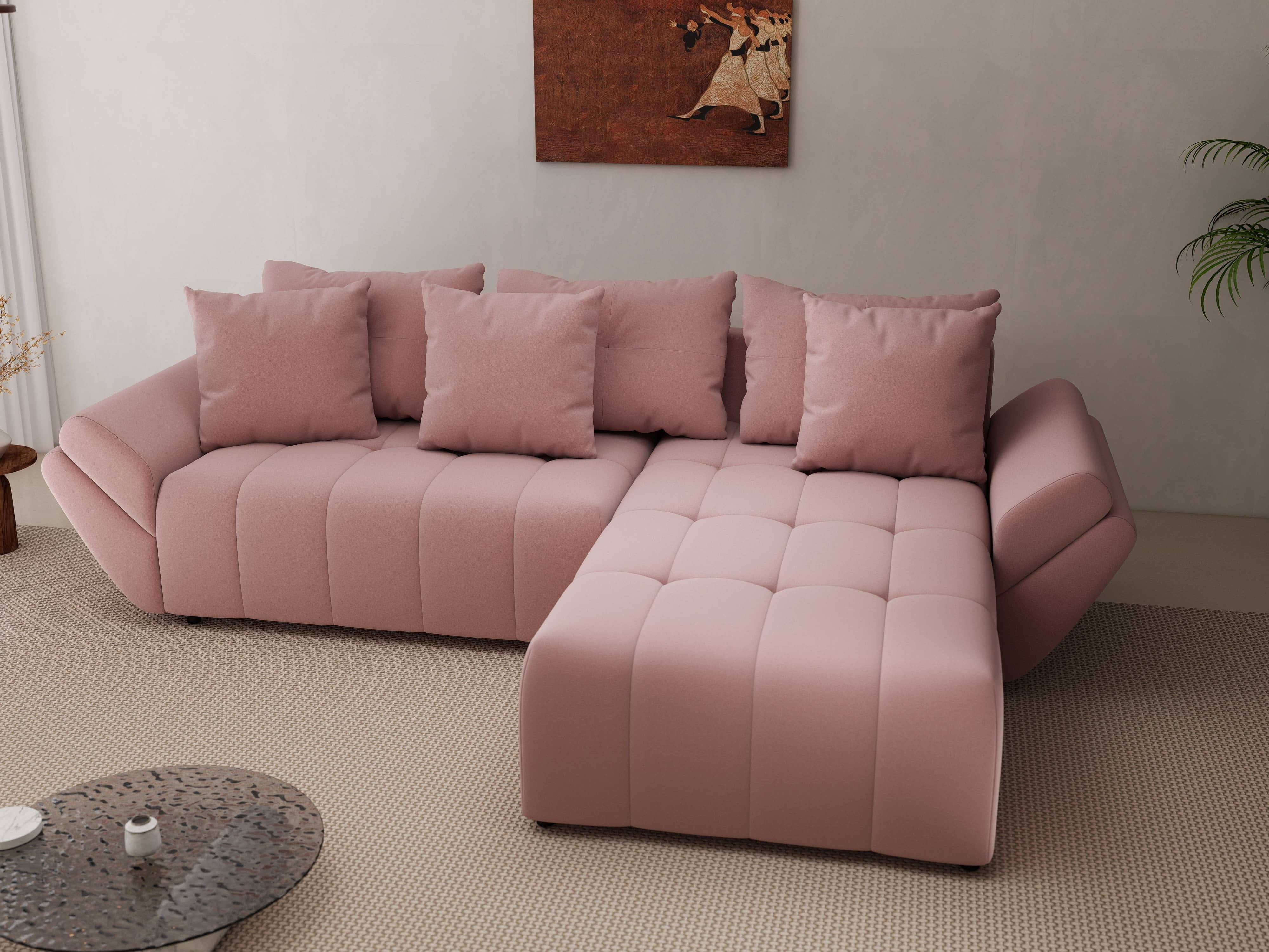 Colțar extensibil dumonde cu ladă de depozitare si sezut confortabil din spuma HR, Berlin Royal Roz 280x185 cm II Fabrica