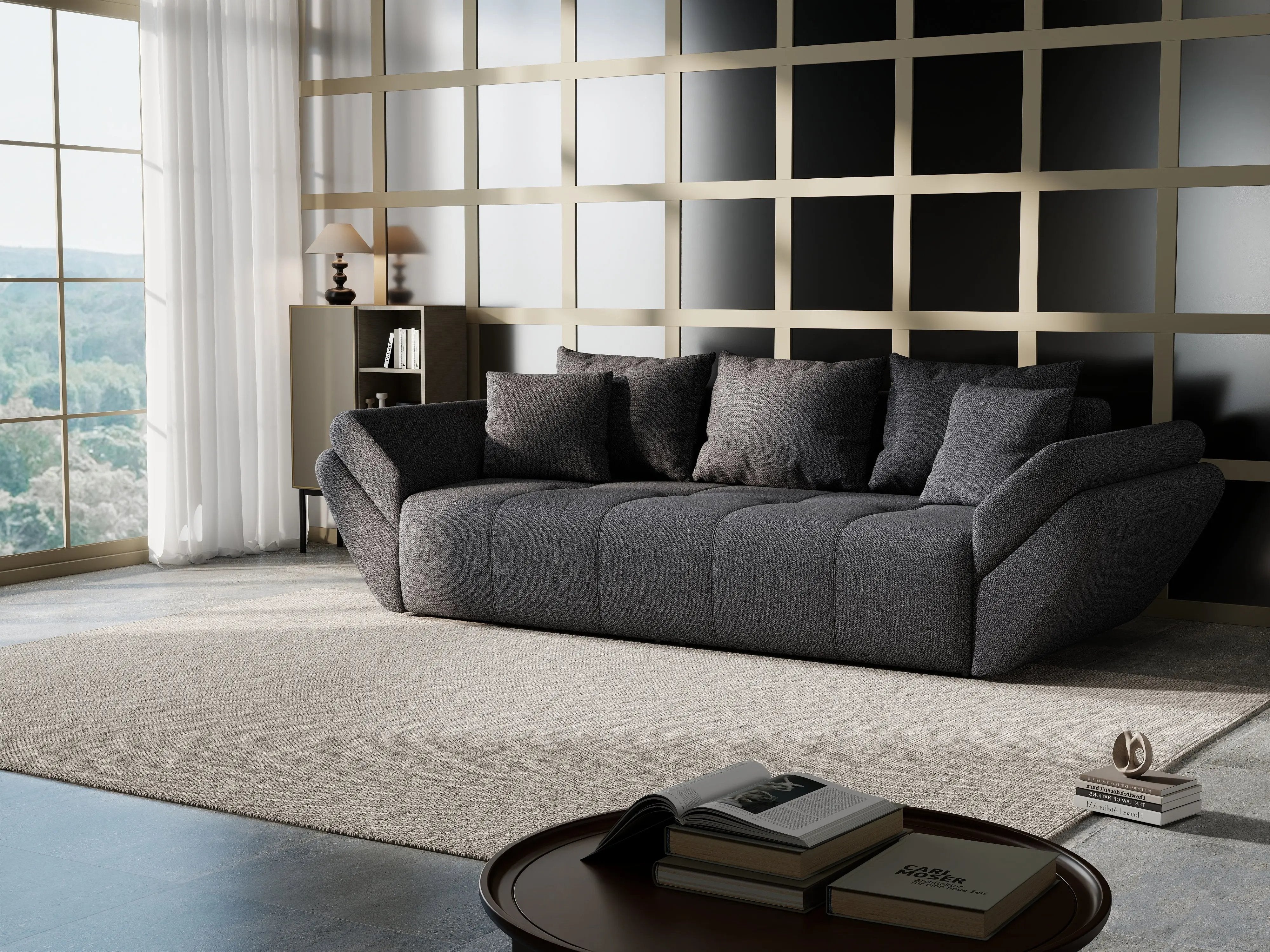 Canapea extensibilă dumonde cu ladă de depozitare si sezut confortabil din spuma HR, Berlin Enjoy Graphite 250x100 cm Fabrica