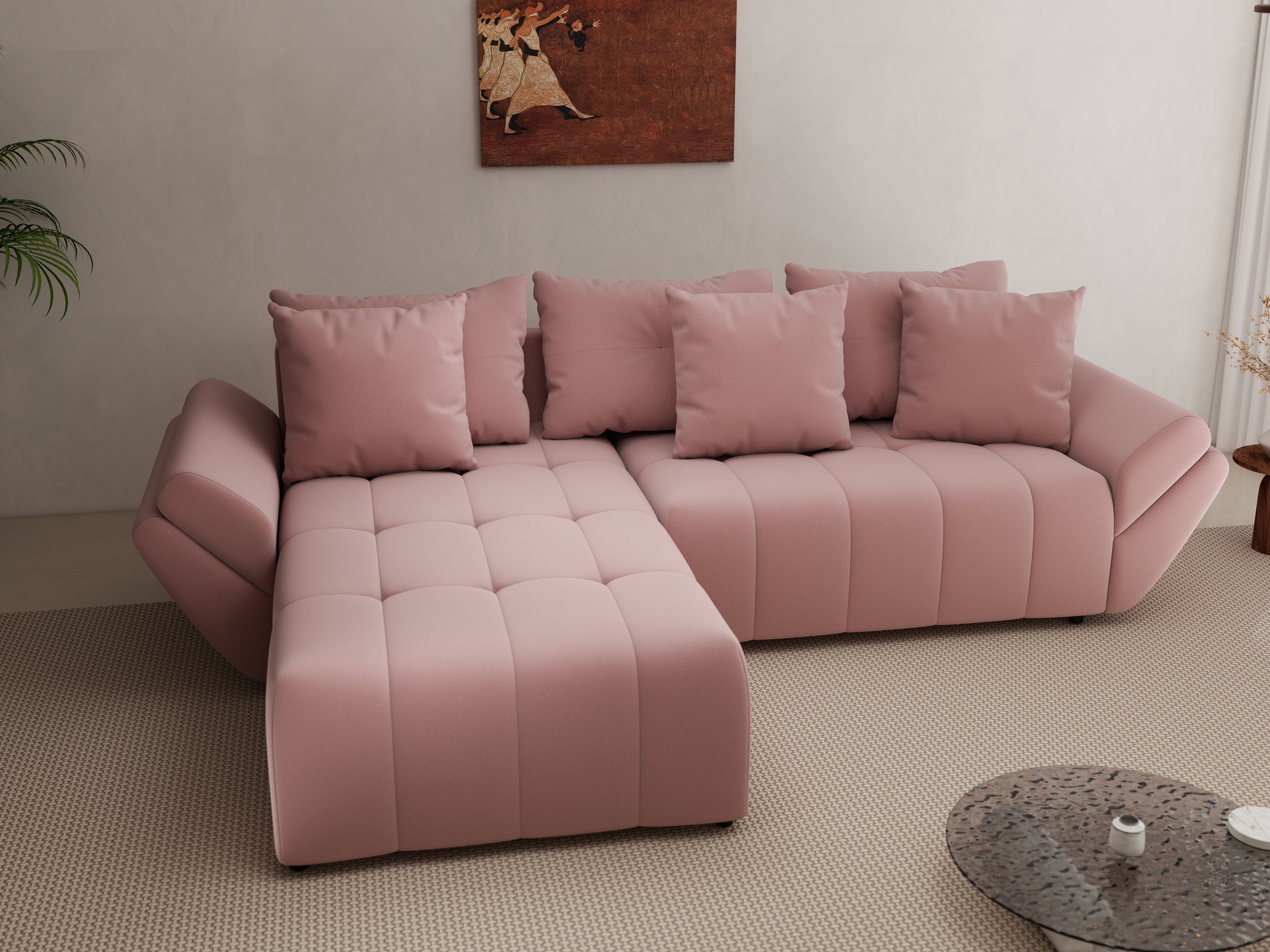 Colțar extensibil dumonde cu ladă de depozitare si sezut confortabil din spuma HR, Berlin Royal Roz 280x185 cm Fabrica