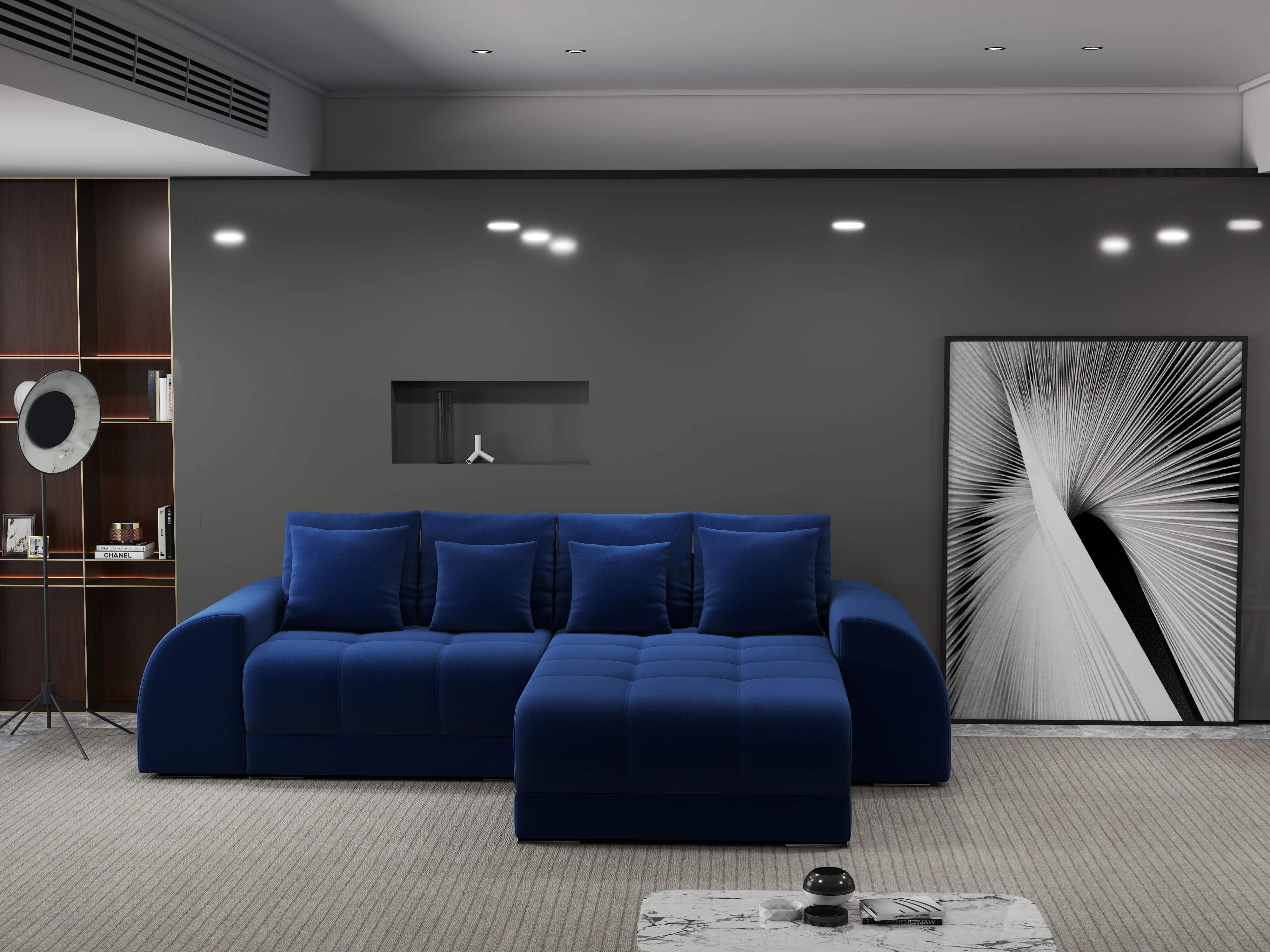 Colțar extensibil dumonde cu ladă de depozitare si sezut confortabil din spuma HR, Verona Royal Albastru II 290x185 cm Fabrica