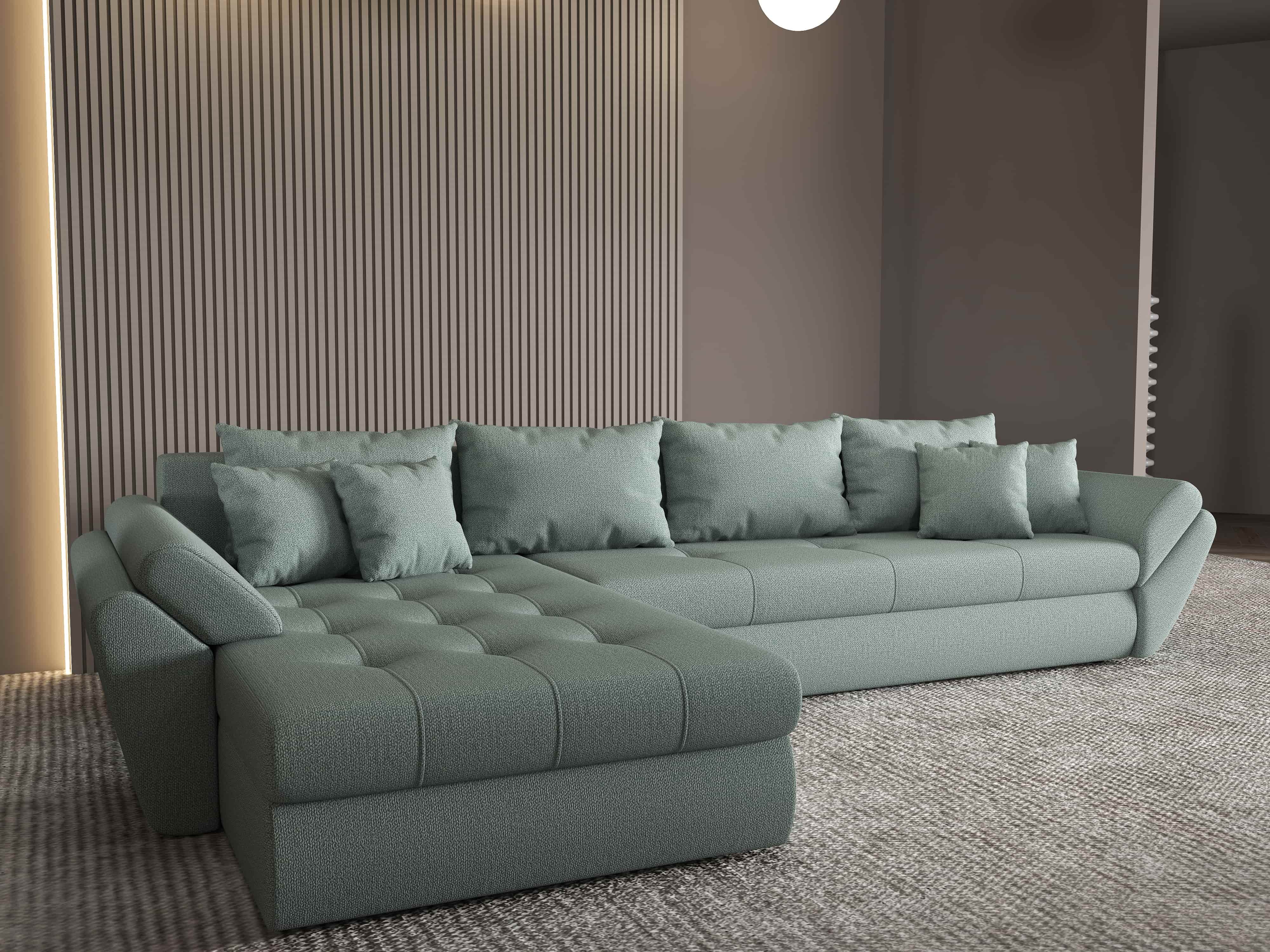 Colțar extensibil dumonde cu ladă de depozitare si sezut confortabil din spuma HR, Loana XL Enjoy Mint 335x185 cm Fabrica