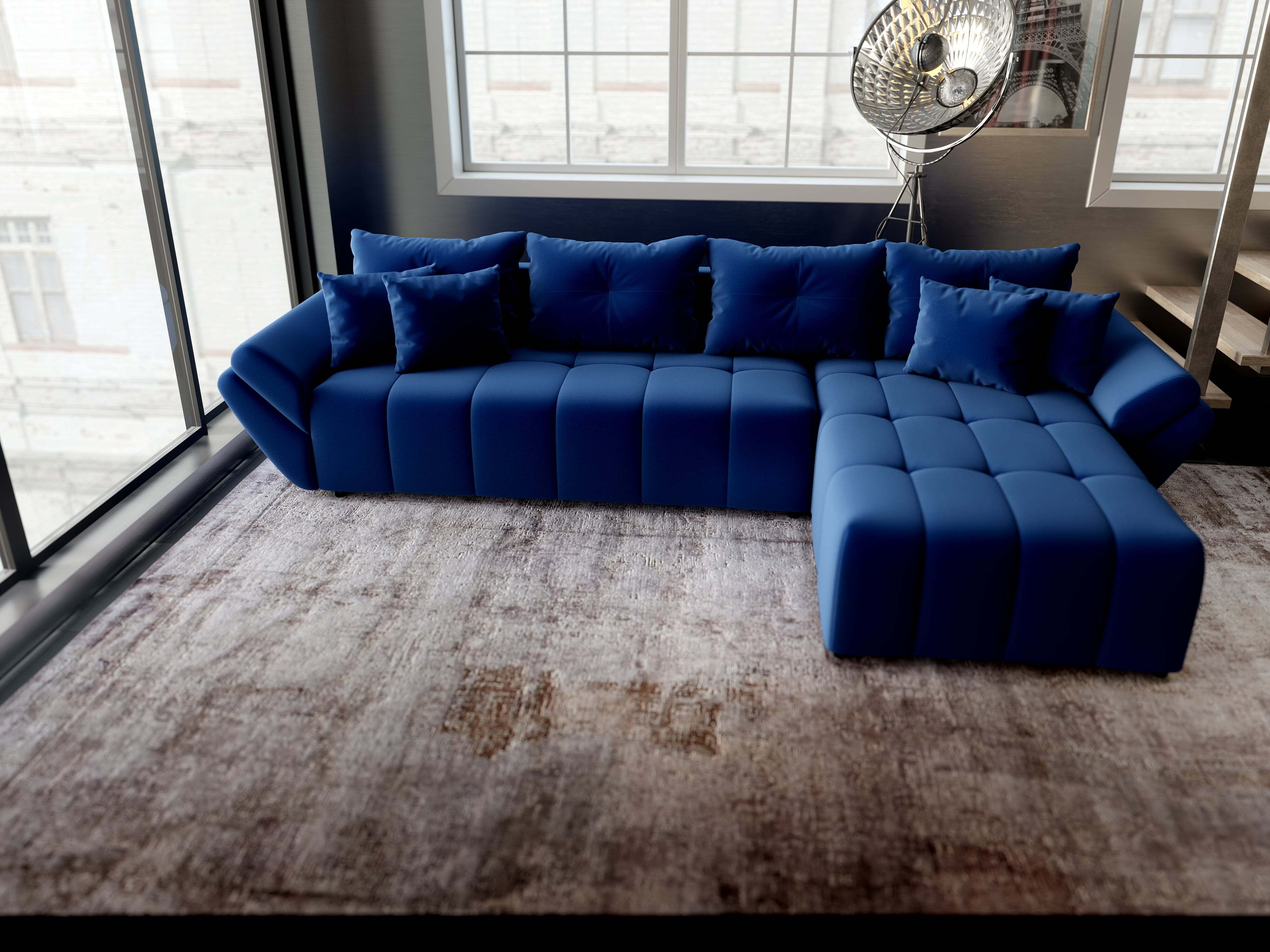 Colțar extensibil dumonde cu ladă de depozitare si sezut confortabil din spuma HR, Berlin XL Royal Albastru 350x185 cm II Fabrica