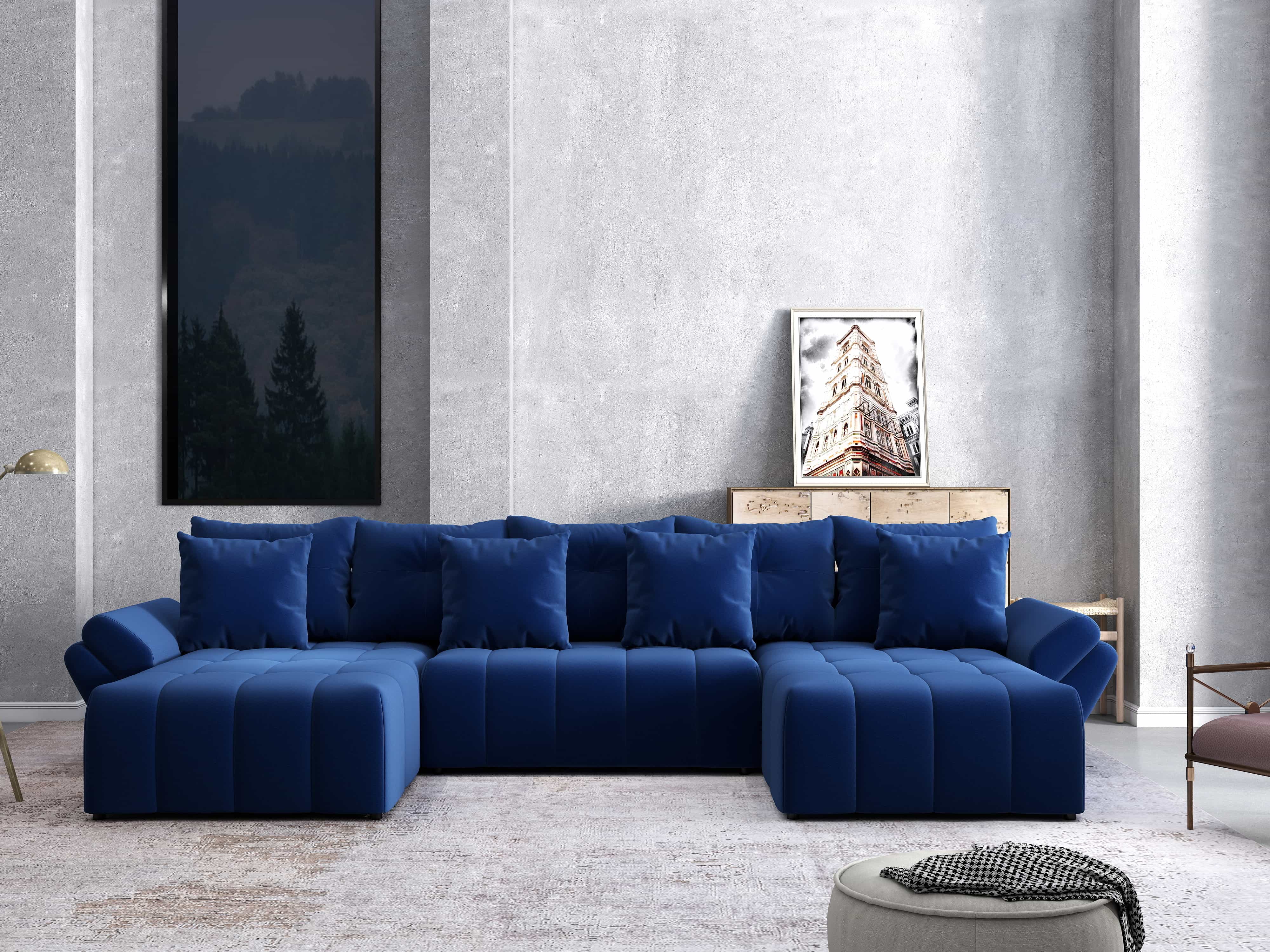 Colțar extensibil dumonde cu ladă de depozitare si sezut confortabil din spuma HR, Berlin U Royal Blue 380x180 cm Fabrica