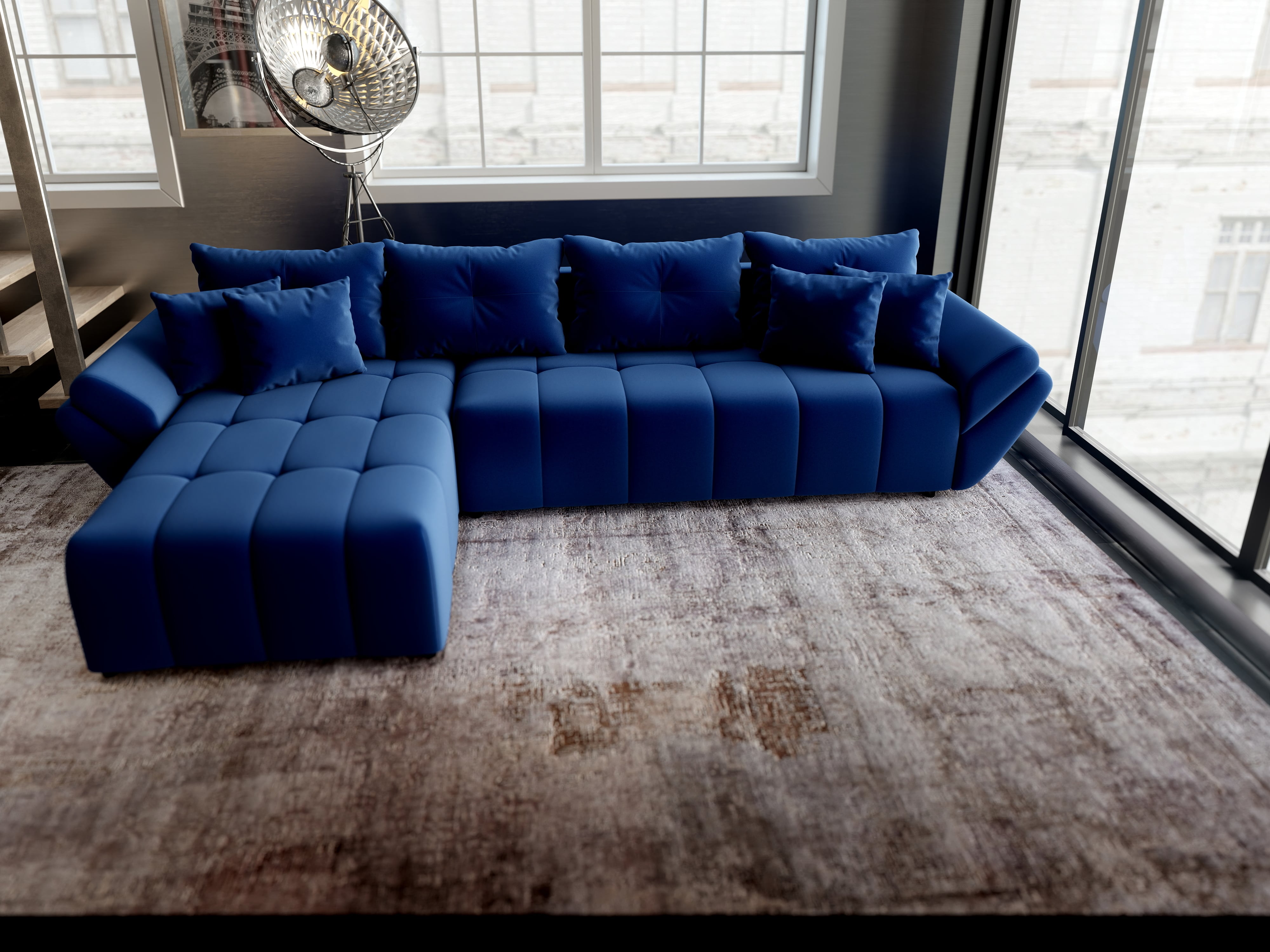 Colțar extensibil dumonde cu ladă de depozitare si sezut confortabil din spuma HR, Berlin XL Royal Albastru 350x185 cm Fabrica