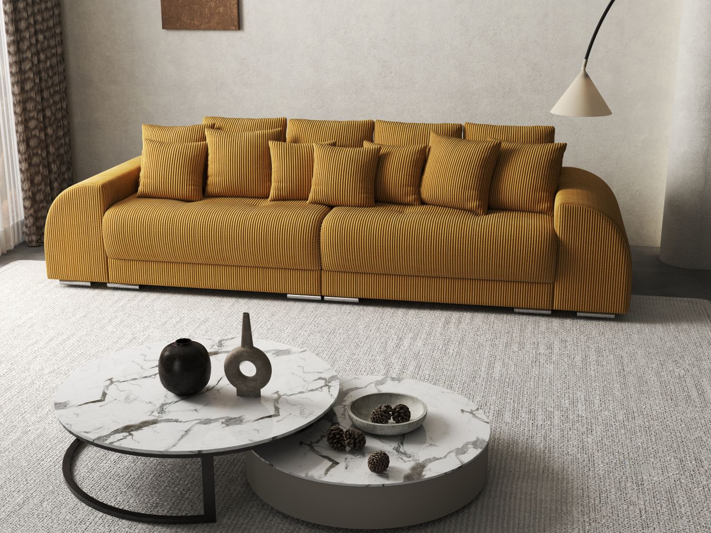 Canapea extensibilă dumonde cu 2 lăzi de depozitare si sezut confortabil din spuma HR, Verona Zoom Mustar 310x100 cm Fabrica