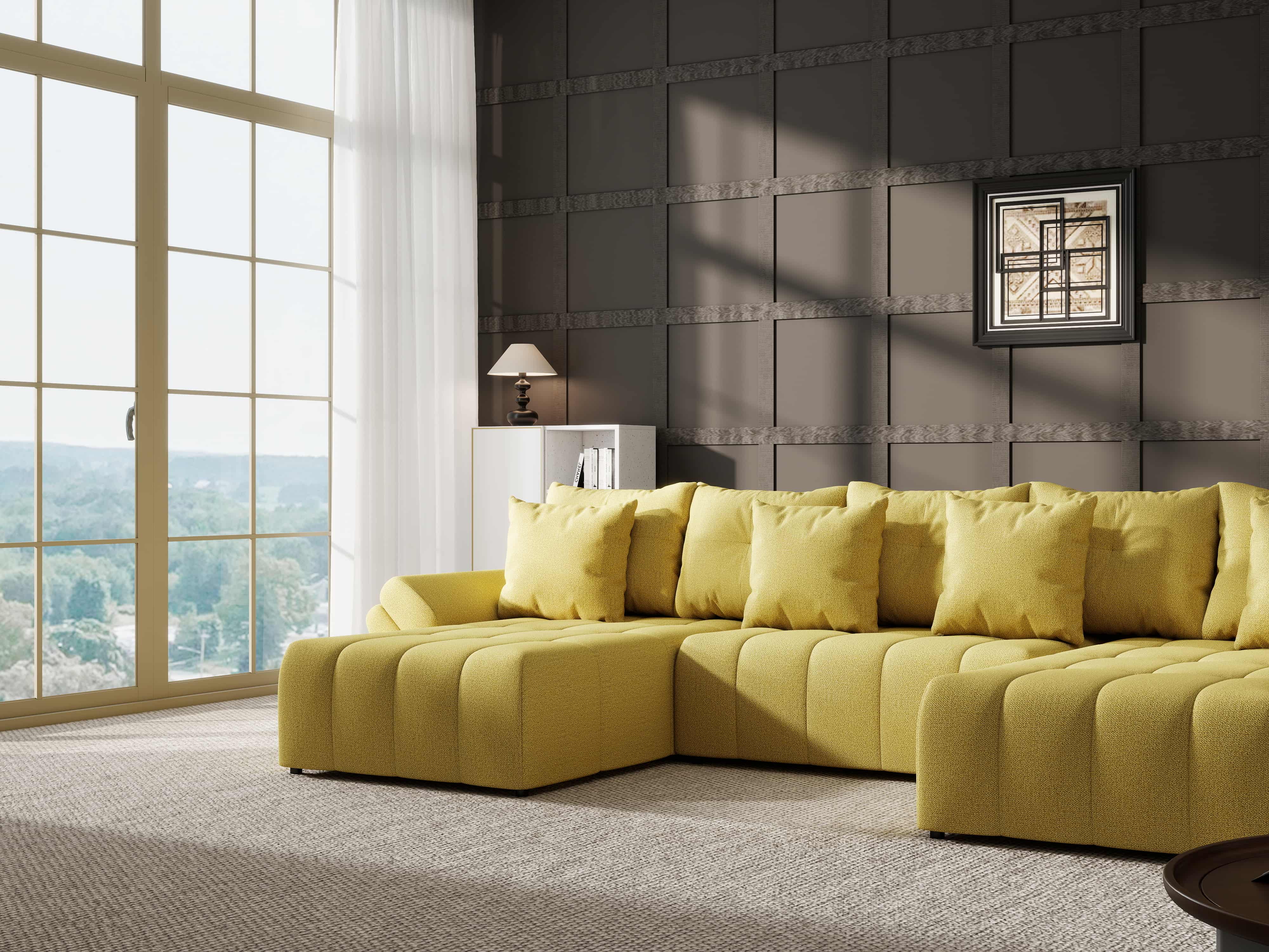 Colțar extensibil dumonde cu ladă de depozitare si sezut confortabil din spuma HR, Berlin U Enjoy Melon 380x180 cm Fabrica