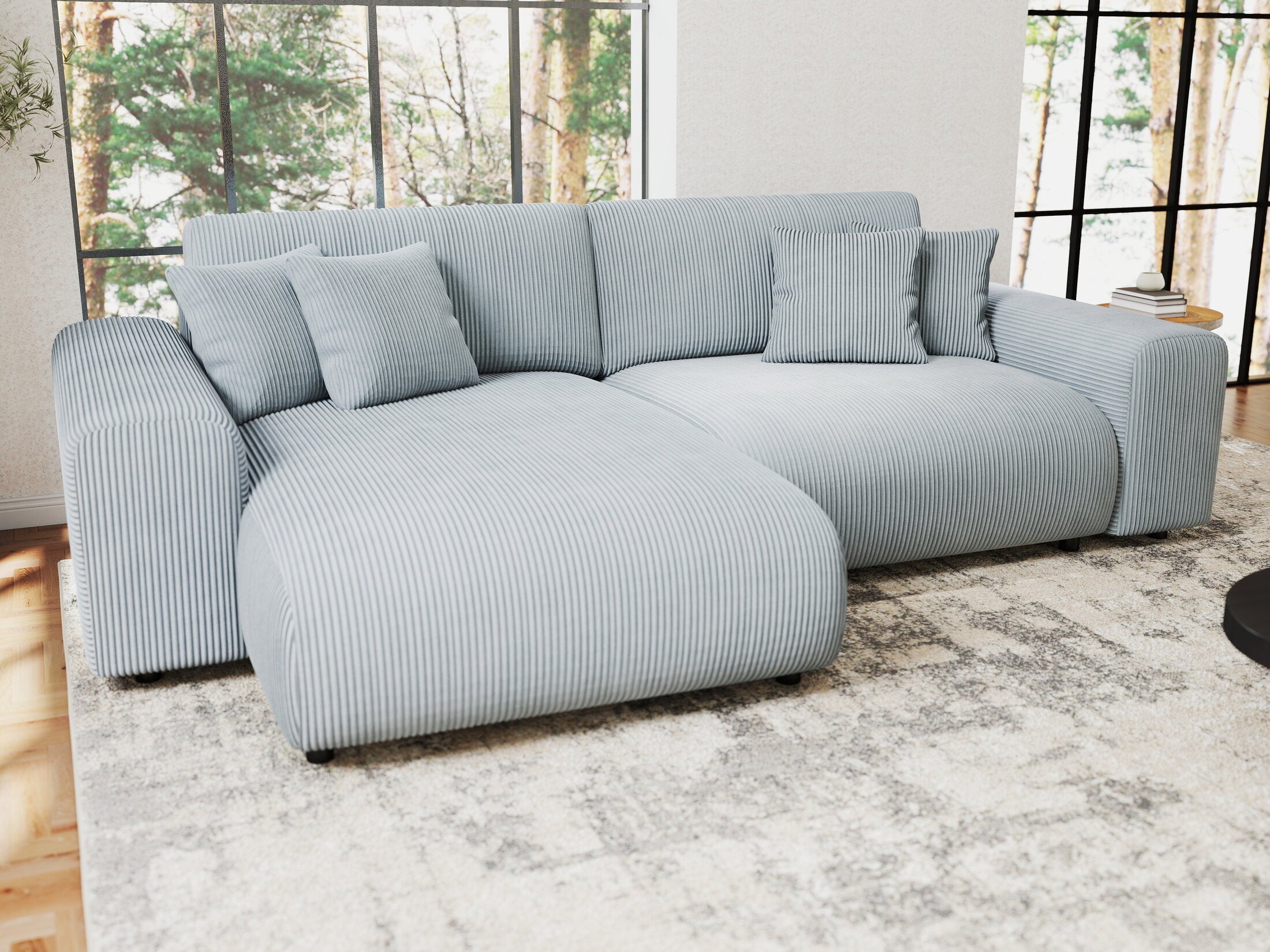 Colțar extensibil dumonde cu ladă de depozitare si sezut confortabil din spuma HR, Sarina Zoom Gri Mint 255x168 cm