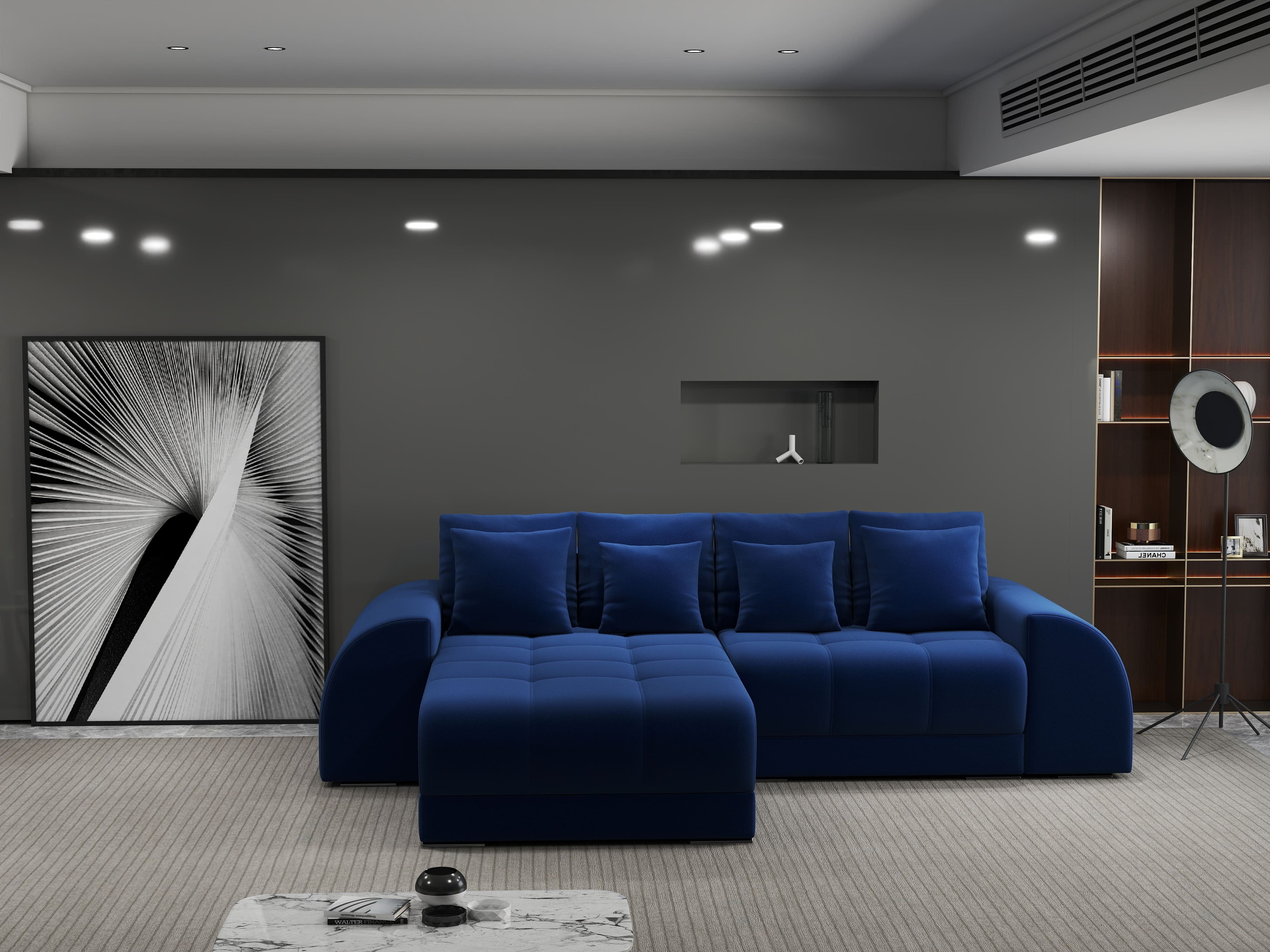 Colțar extensibil dumonde cu ladă de depozitare si sezut confortabil din spuma HR, Verona Royal Albastru 290x185 cm Fabrica