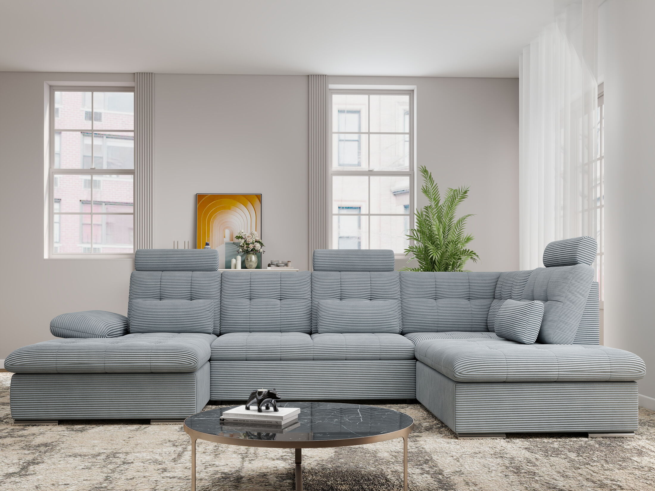 Colțar extensibil dumonde cu ladă de depozitare și șezut confortabil din spumă HR, Merkur U Zoom Gri Mint 324x218 cm