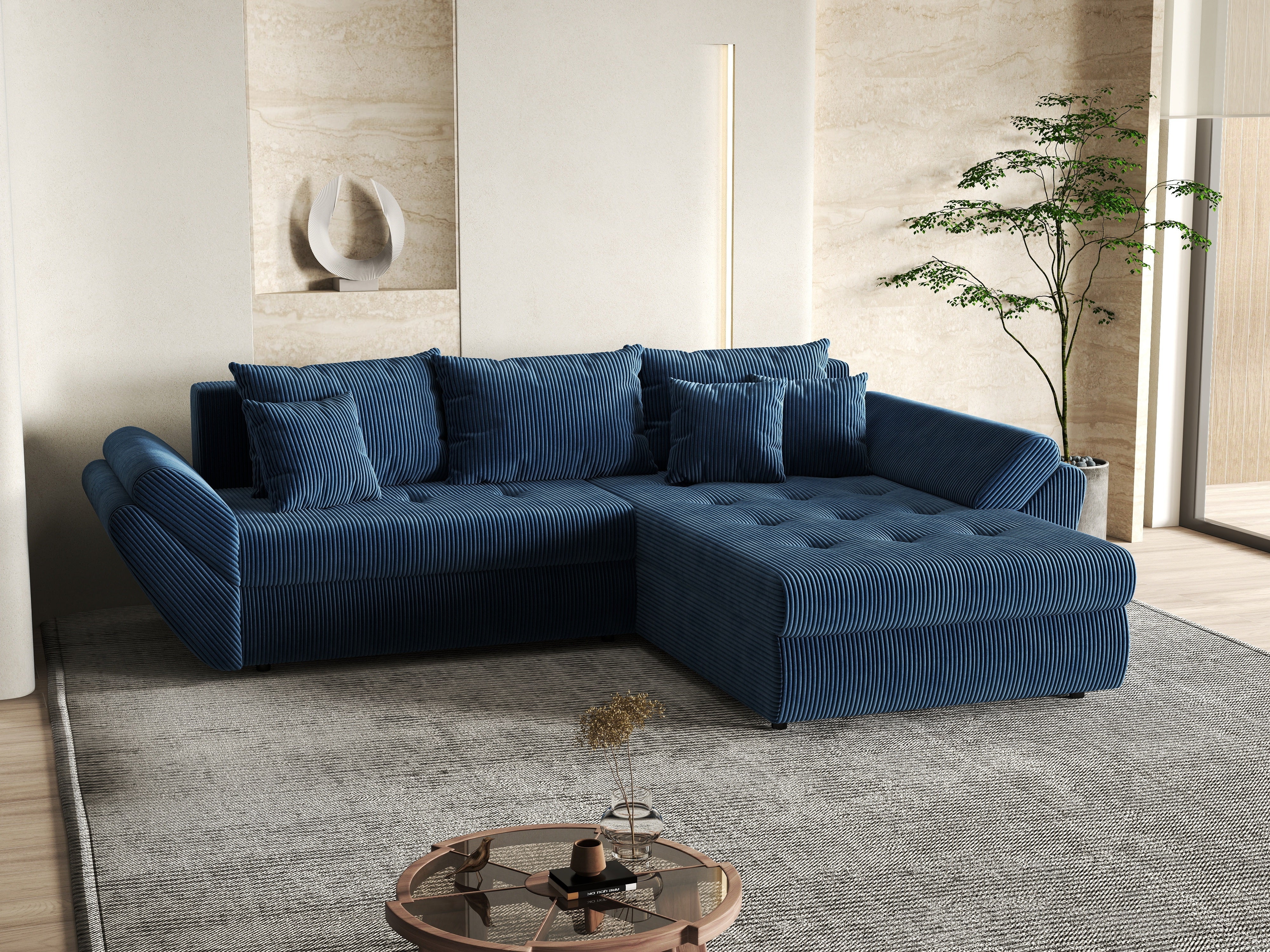 Colțar extensibil dumonde cu ladă de depozitare si sezut confortabil din spuma HR, Loana Zoom Blue II 270x185 cm Fabrica