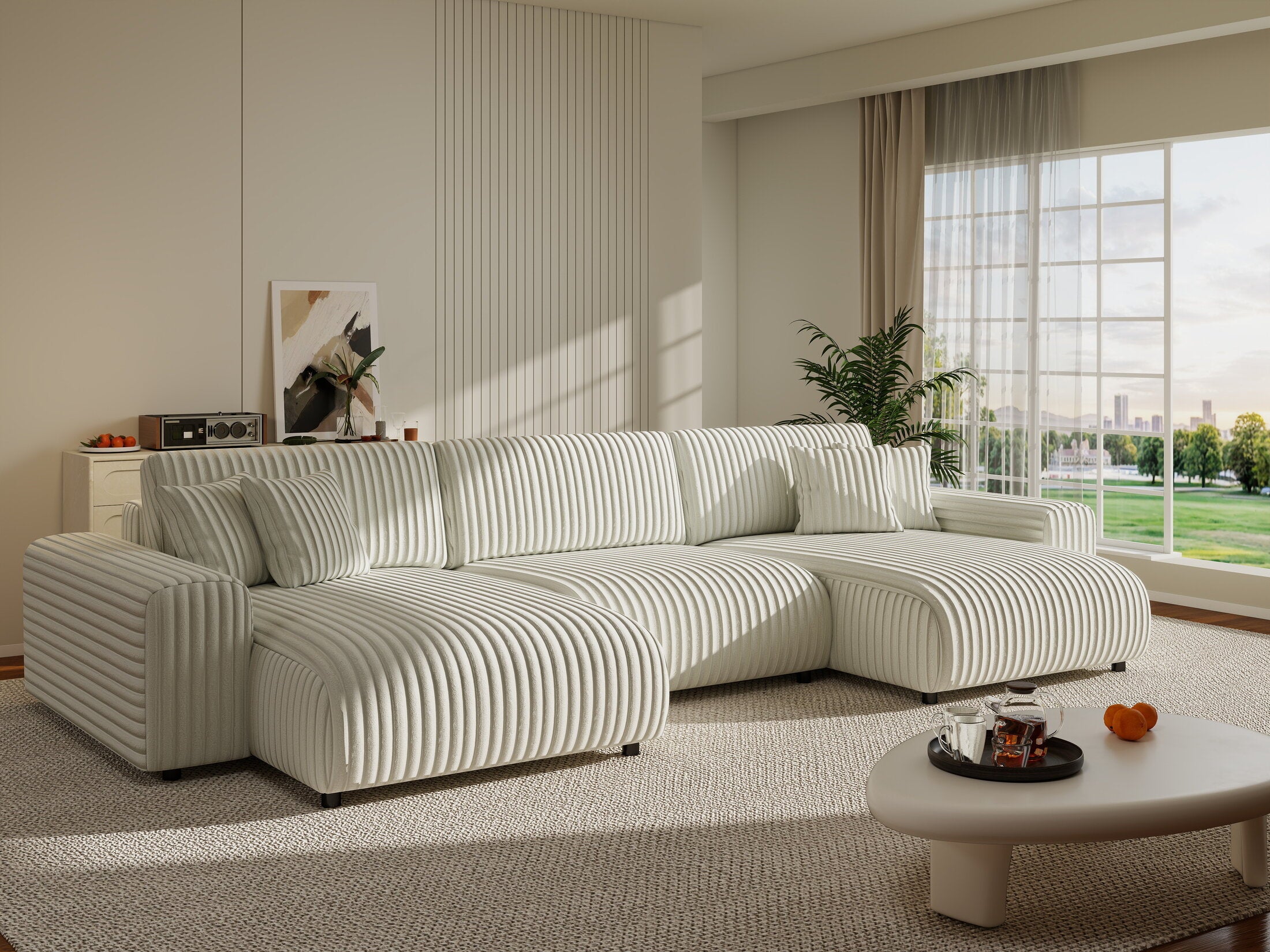 Colțar extensibil dumonde cu ladă de depozitare si sezut confortabil din spuma HR, Sarina U Ambience Alb 350x168 cm