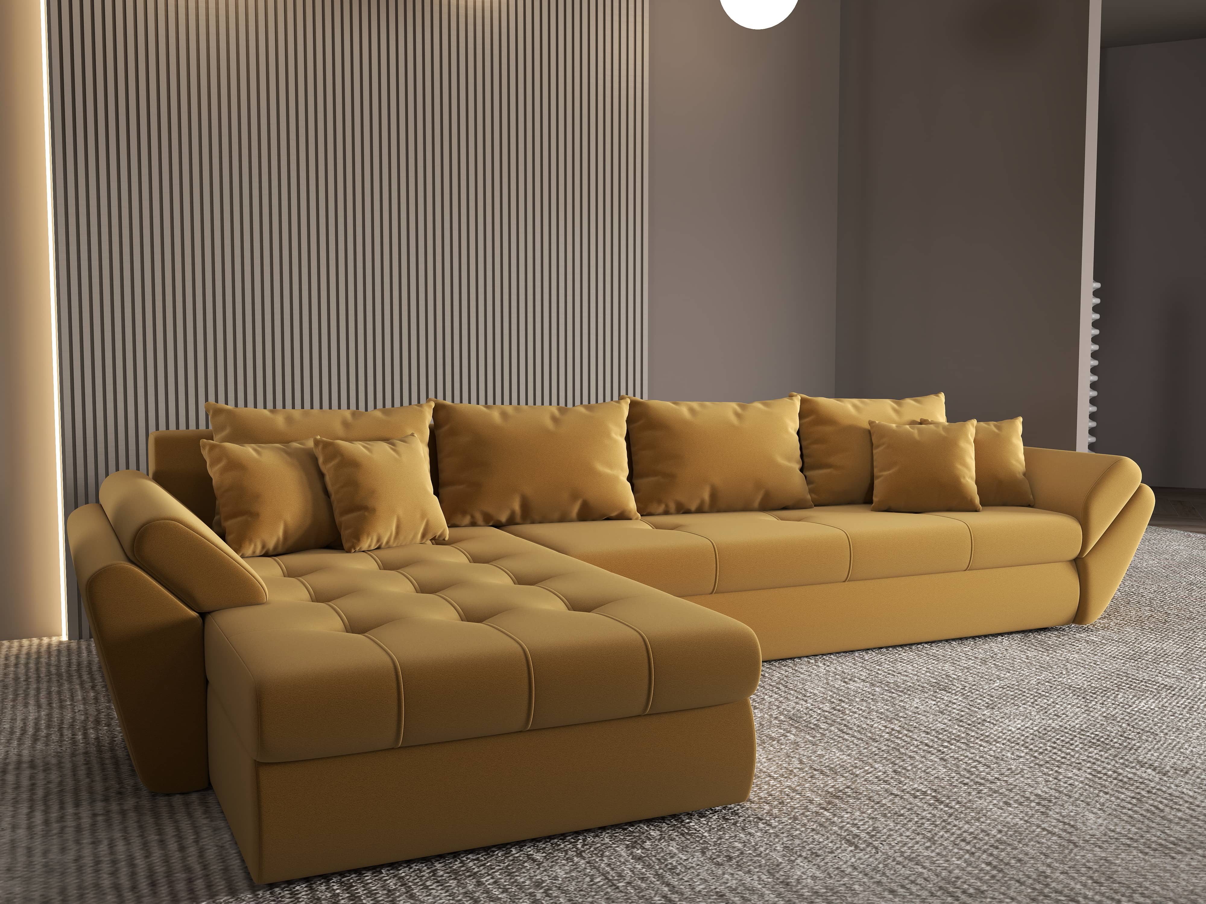 Colțar extensibil dumonde cu ladă de depozitare si sezut confortabil din spuma HR, Loana XL Royal Mustar 335x185 cm Fabrica