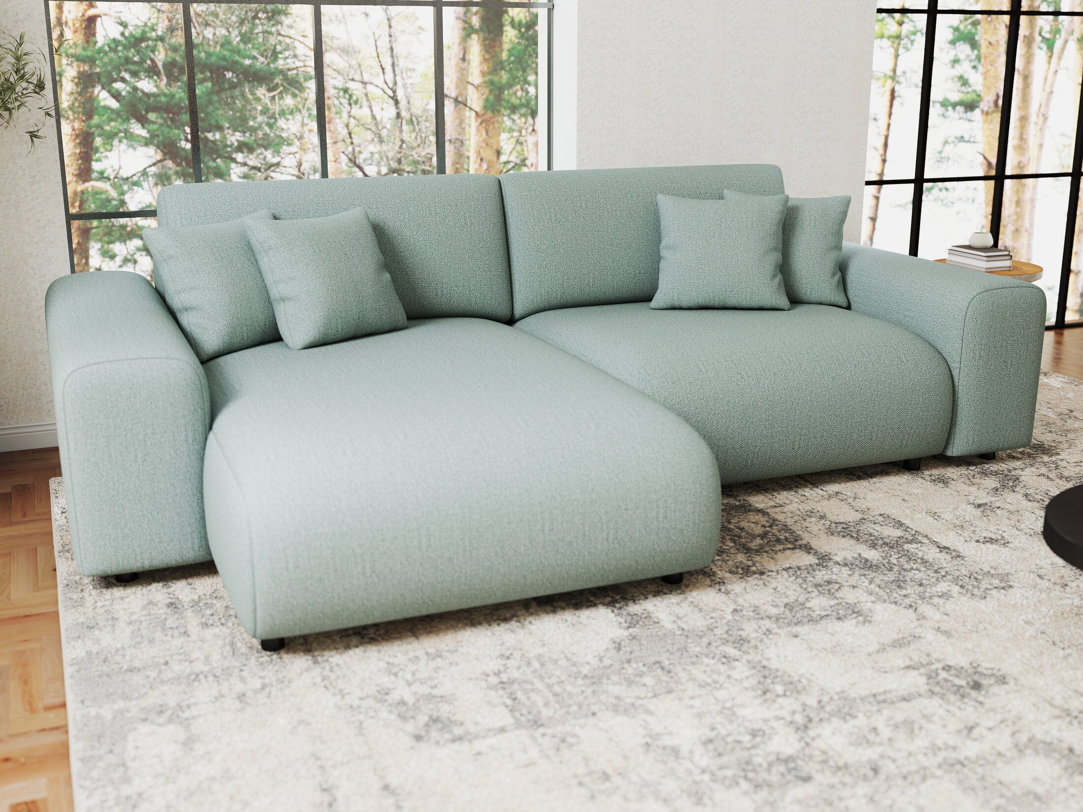 Colțar extensibil dumonde cu ladă de depozitare si sezut confortabil din spuma HR, Sarina Enjoy Verde Mint 255x168 cm