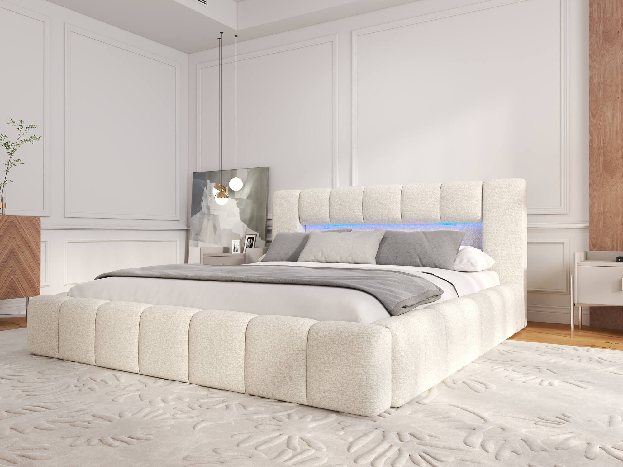 Pat dormitor dumonde, tapitat bej, Palermo 180x200 cm, somiera rabatabila inclusa, spatiu depozitare