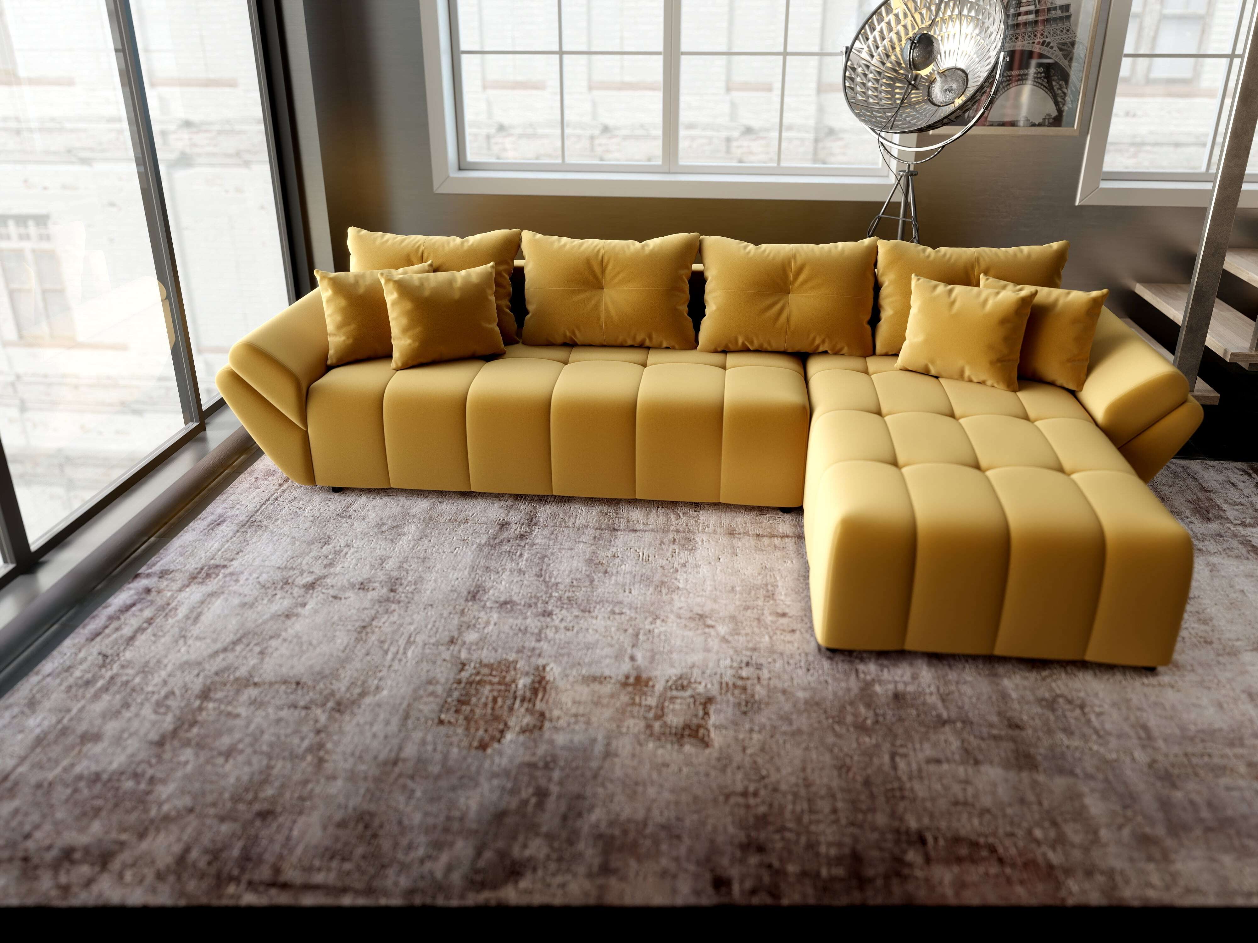 Colțar extensibil dumonde cu ladă de depozitare si sezut confortabil din spuma HR, Berlin XL Royal Mustar 350x185 cm II Fabrica