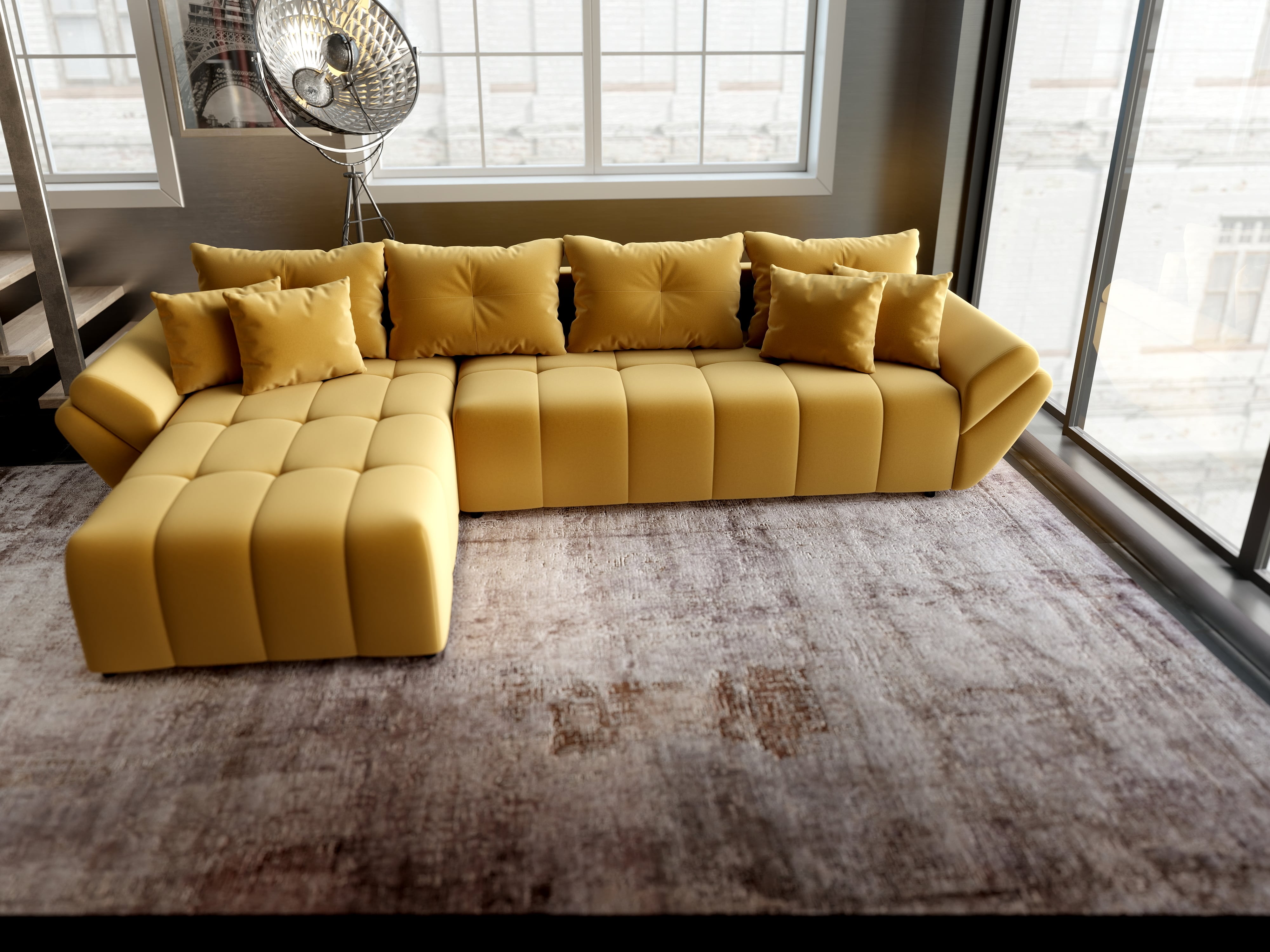 Colțar extensibil dumonde cu ladă de depozitare si sezut confortabil din spuma HR, Berlin XL Royal Mustar 350x185 cm Fabrica