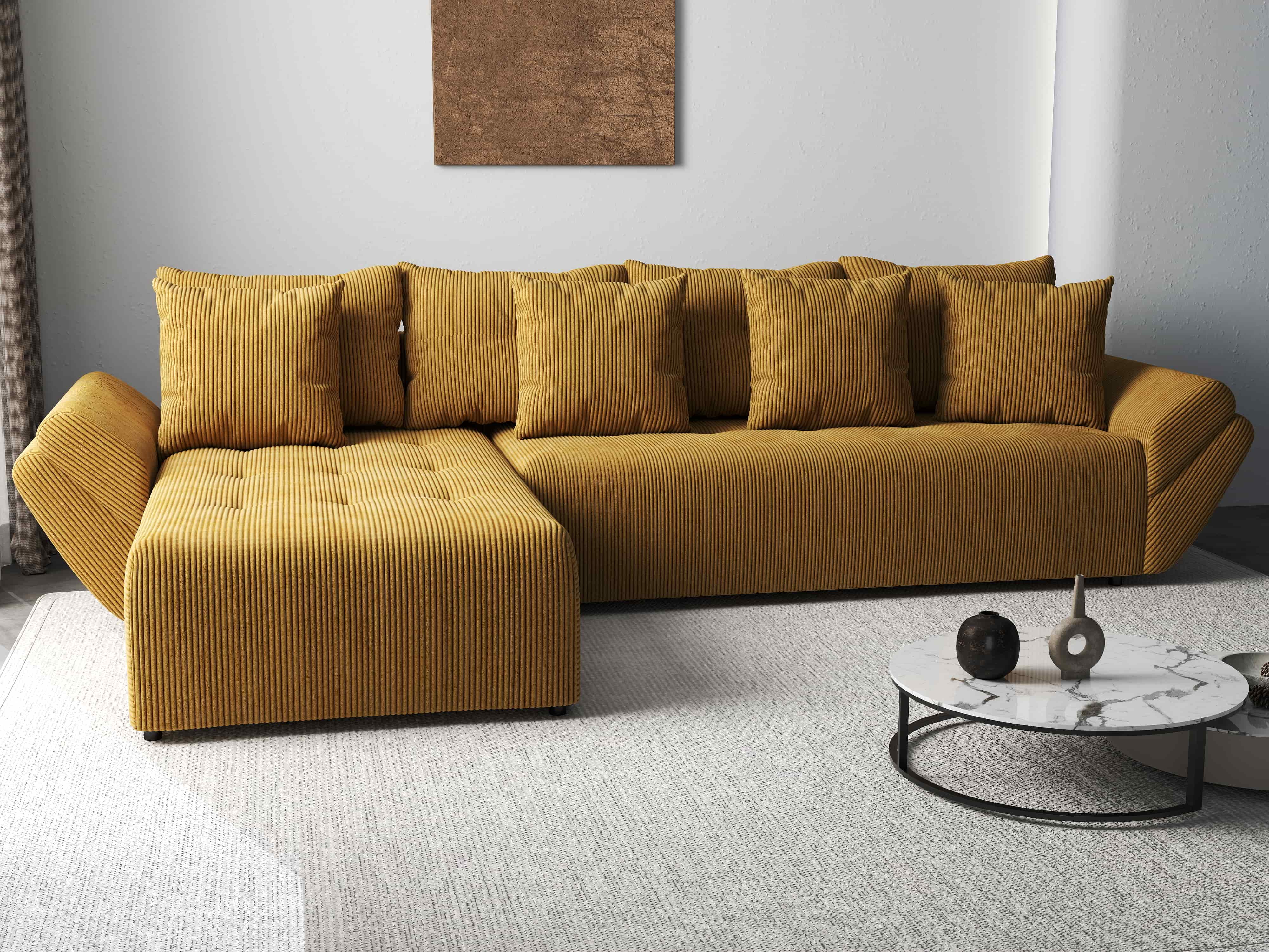 Colțar extensibil dumonde cu ladă de depozitare si sezut confortabil din spuma HR, Berlin XL Zoom Mustar 350x185 cm Fabrica