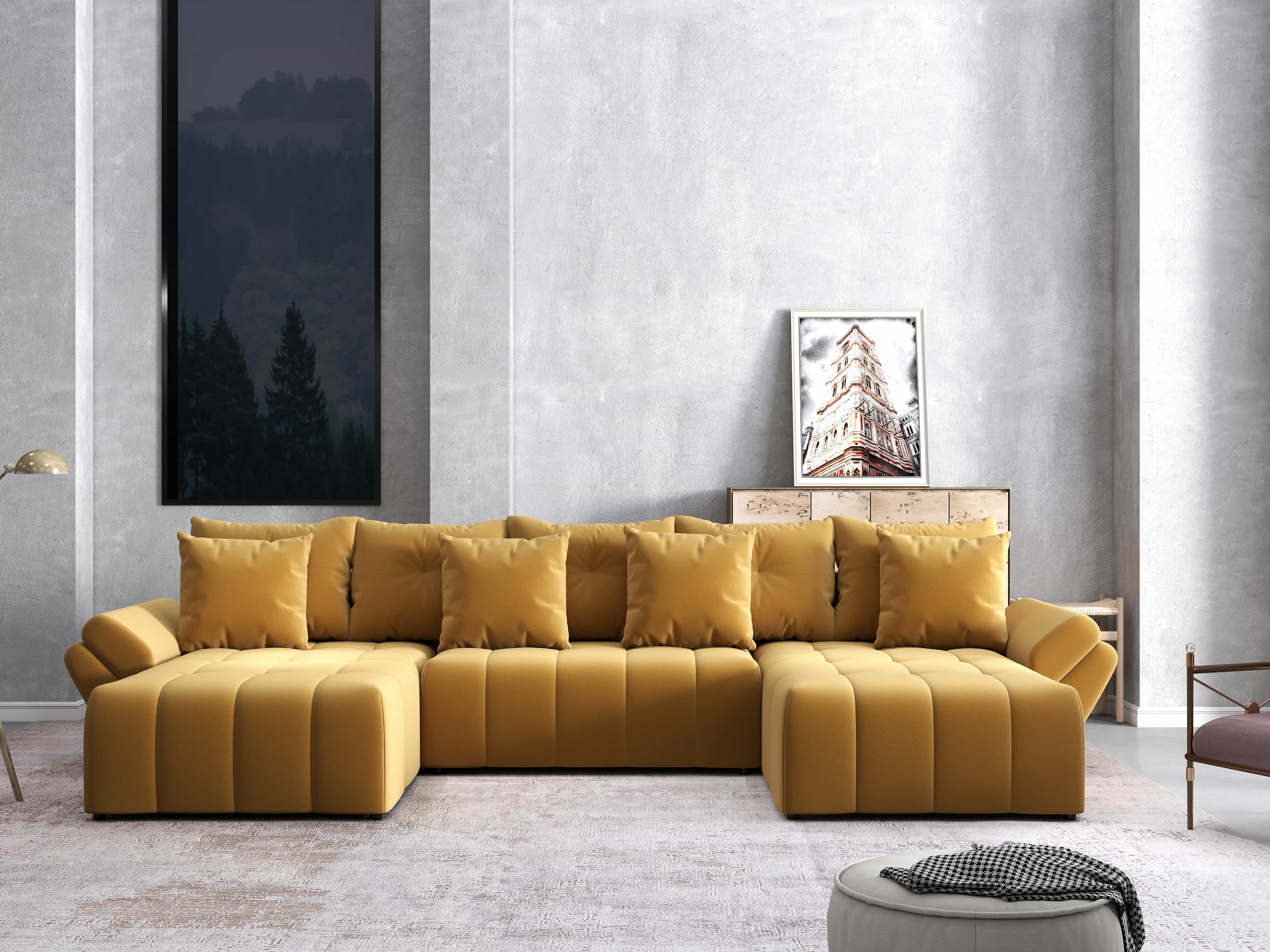 Colțar extensibil dumonde cu ladă de depozitare si sezut confortabil din spuma HR, Berlin U Royal Mustar 380x180 cm Fabrica