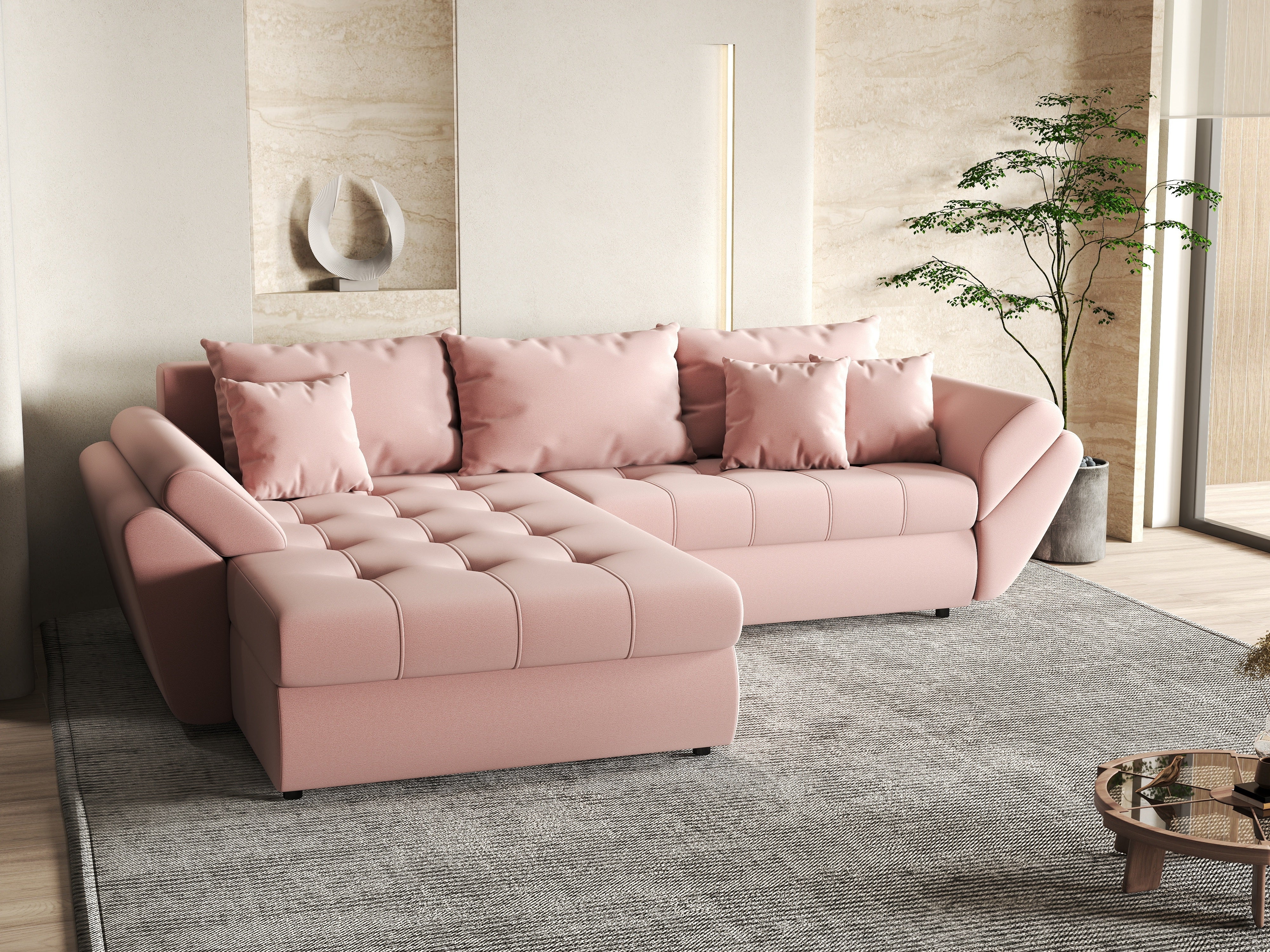 Colțar extensibil dumonde cu ladă de depozitare si sezut confortabil din spuma HR, Loana Royal Pink 270x185 cm Fabrica
