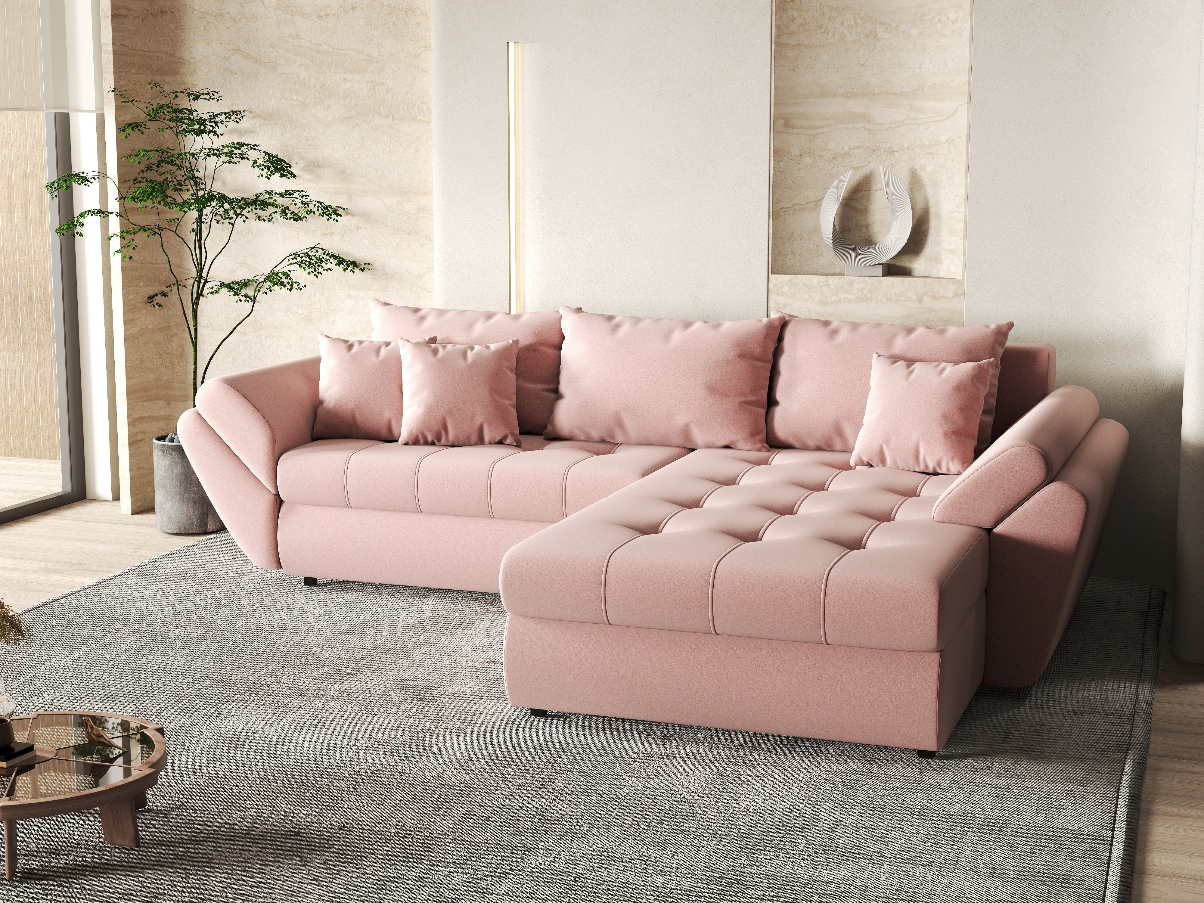 Colțar extensibil dumonde cu ladă de depozitare si sezut confortabil din spuma HR, Loana Royal Pink II 270x185 cm Fabrica