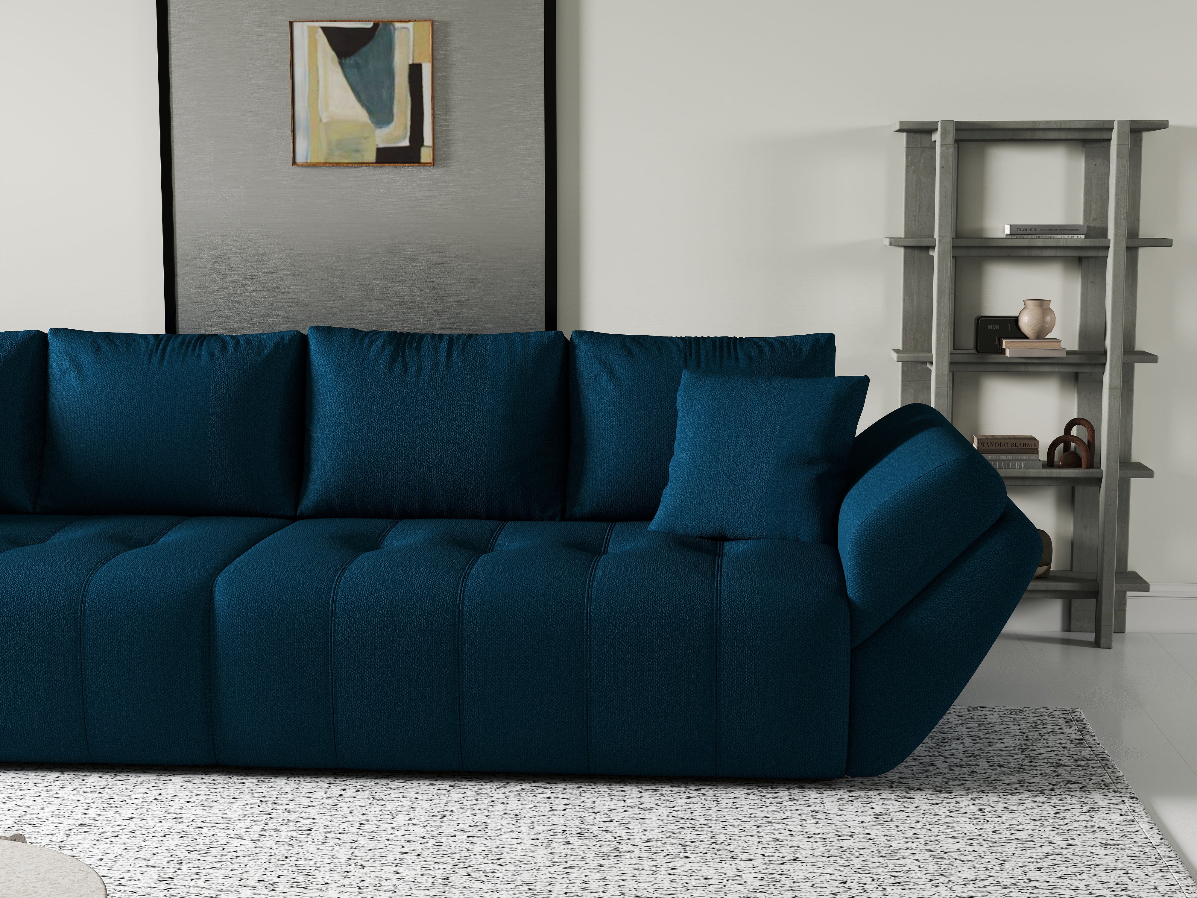 Canapea extensibilă dumonde cu ladă de depozitare si sezut confortabil din spuma HR, Berlin Enjoy Petrol 300x100 cm Fabrica