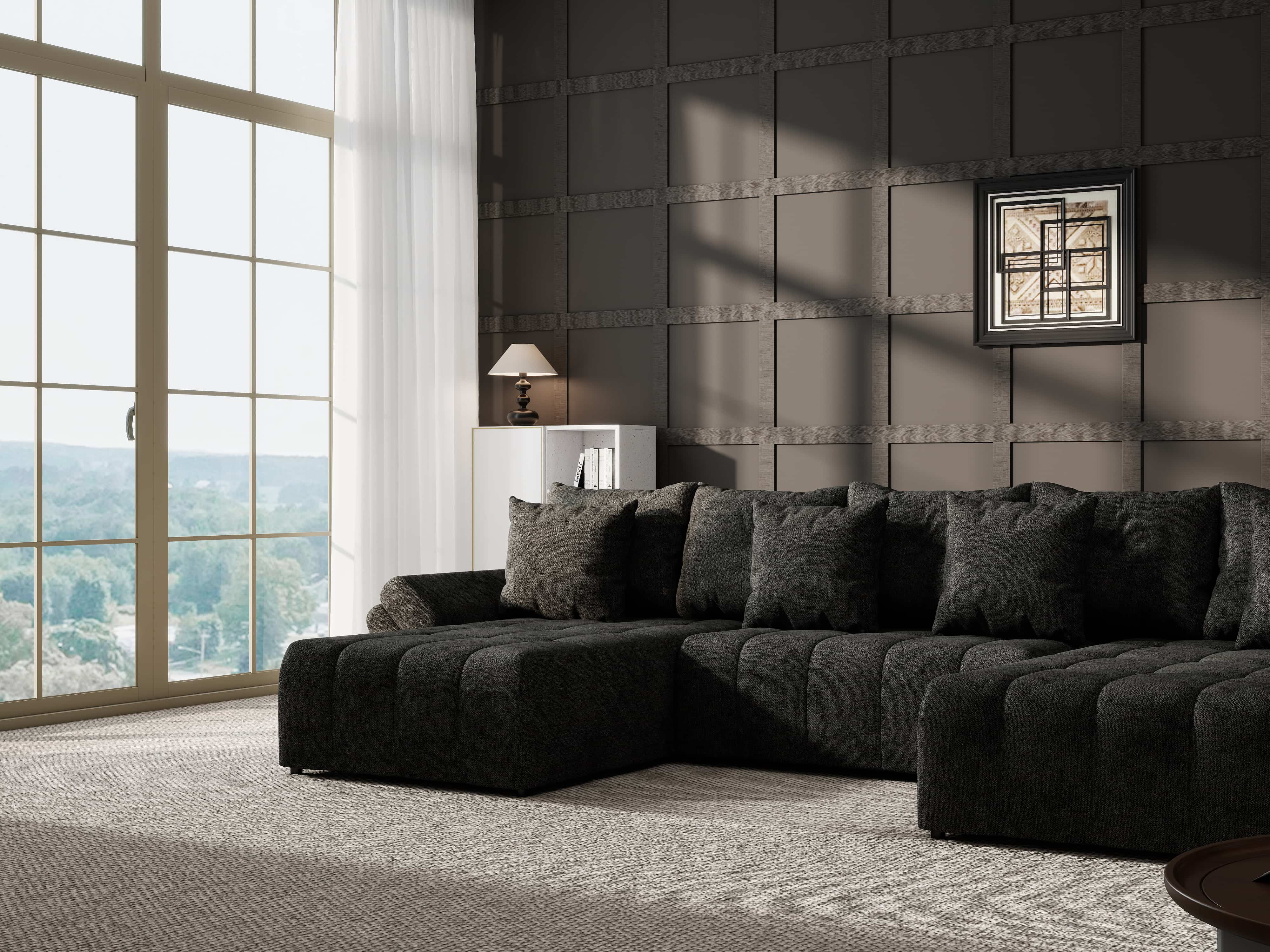 Colțar extensibil dumonde cu ladă de depozitare si sezut confortabil din spuma HR, Berlin U Enjoy Black 380x180 cm Fabrica