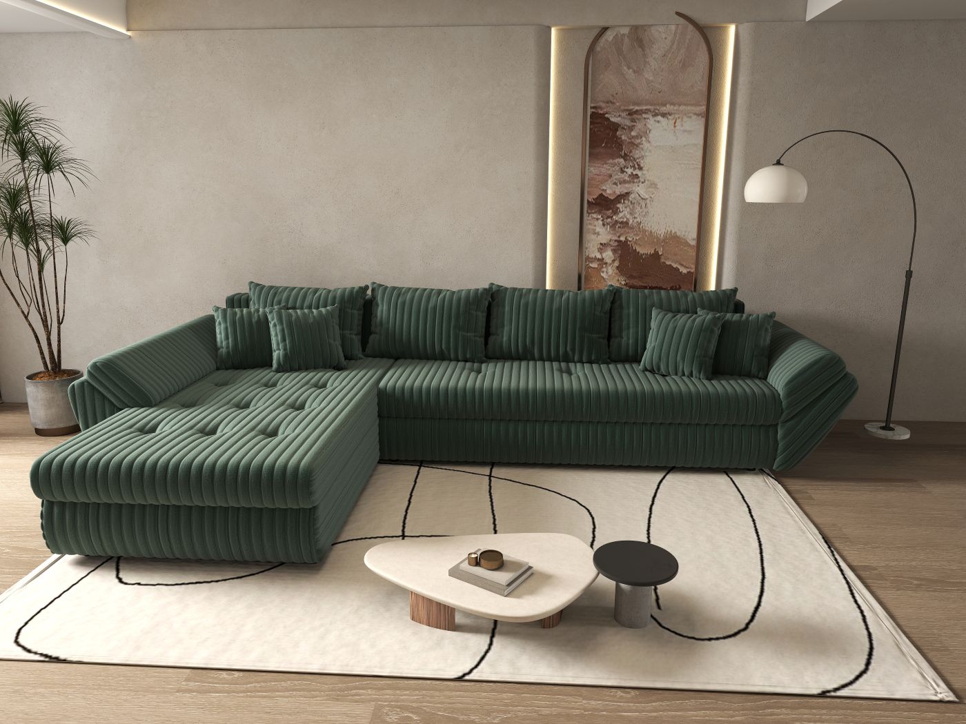 Colțar extensibil dumonde cu ladă de depozitare si sezut confortabil din spuma HR, Loana XL Ambience Verde 335x185 cm Fabrica