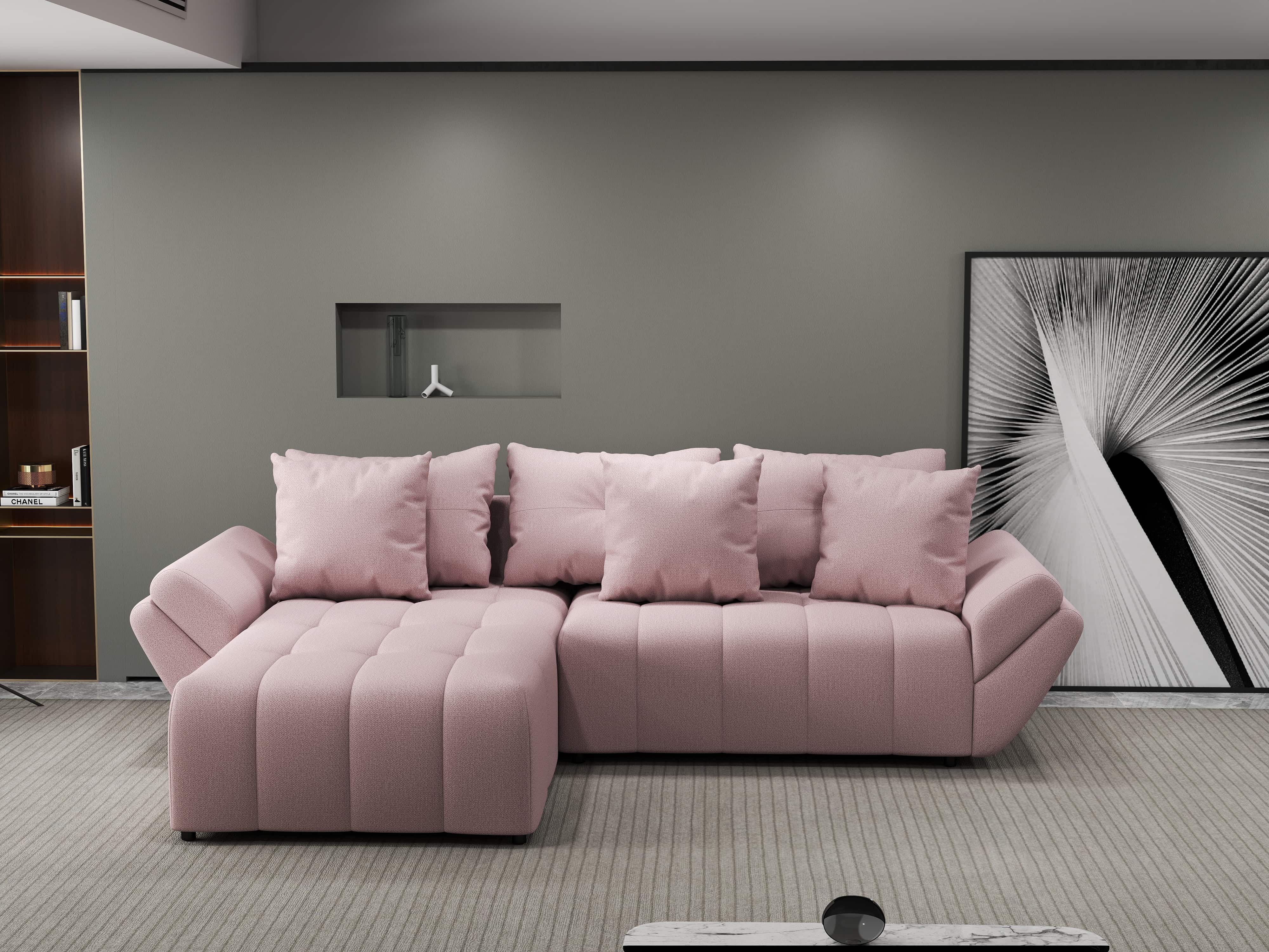 Colțar extensibil dumonde cu ladă de depozitare si sezut confortabil din spuma HR, Berlin Enjoy Roz 280x185 cm Fabrica