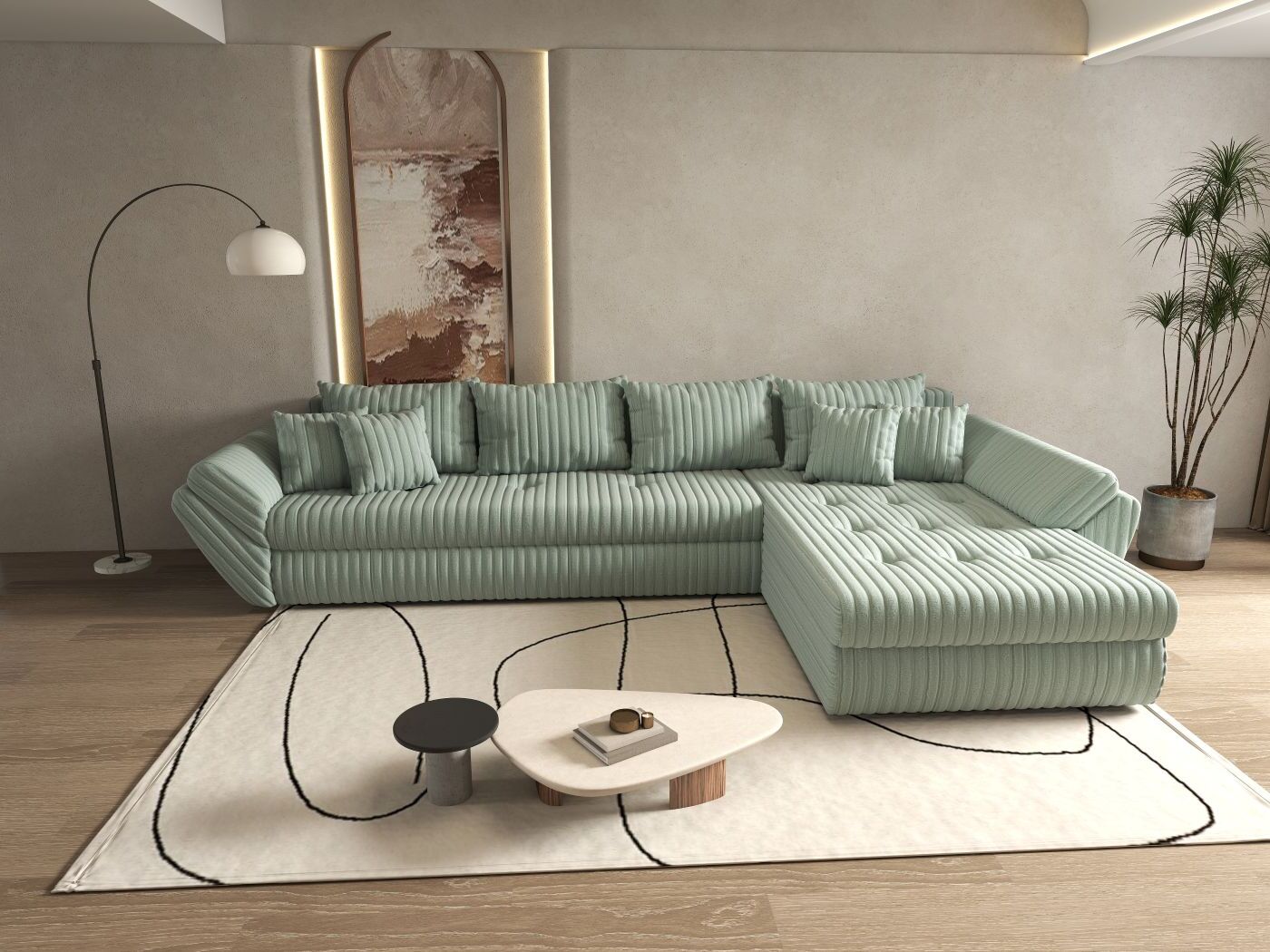 Colțar extensibil dumonde cu ladă de depozitare si sezut confortabil din spuma HR, Loana XL Ambience Mint II 335x185 cm Fabrica