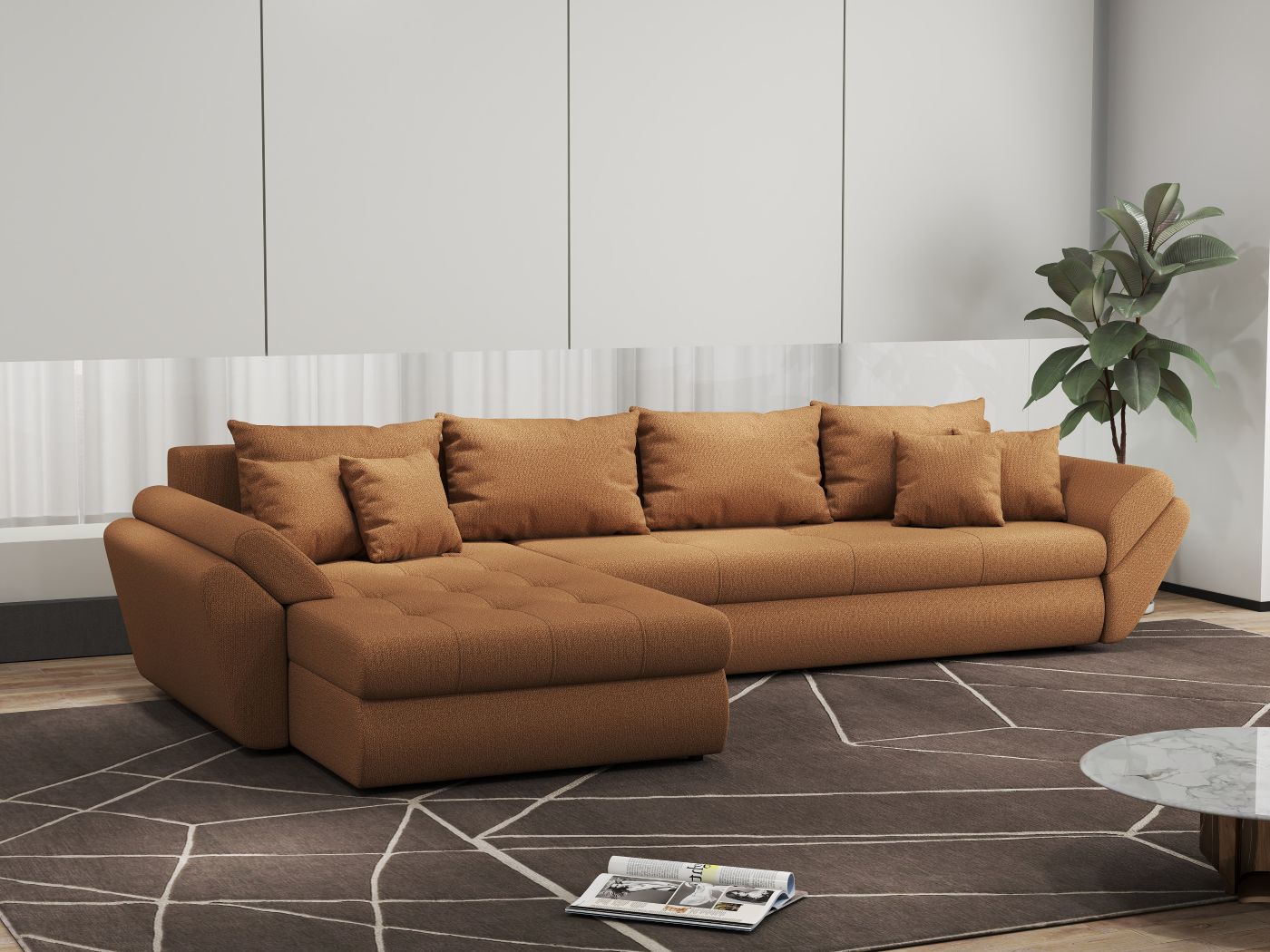 Colțar extensibil dumonde cu ladă de depozitare si sezut confortabil din spuma HR, Loana XL Enjoy Mango 335x185 cm Fabrica