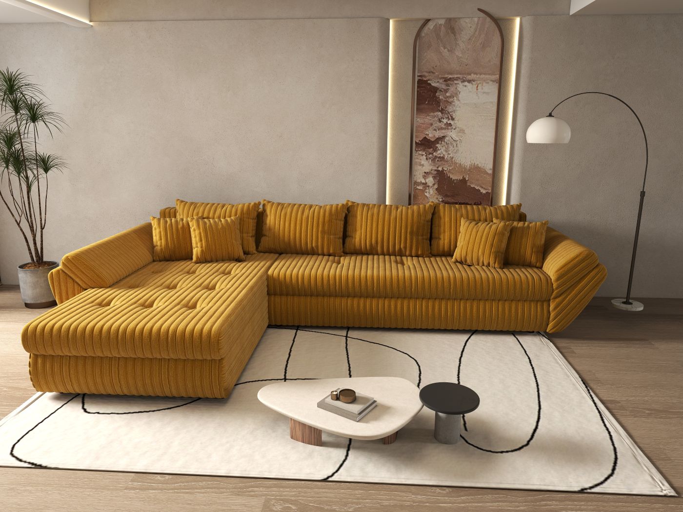 Colțar extensibil dumonde cu ladă de depozitare si sezut confortabil din spuma HR, Loana XL Ambience Mustar 335x185 cm Fabrica