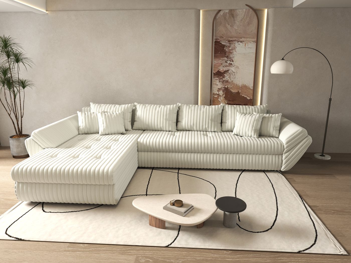 Colțar extensibil dumonde cu ladă de depozitare si sezut confortabil din spuma HR, Loana XL Ambience Ivory 335x185 cm Fabrica