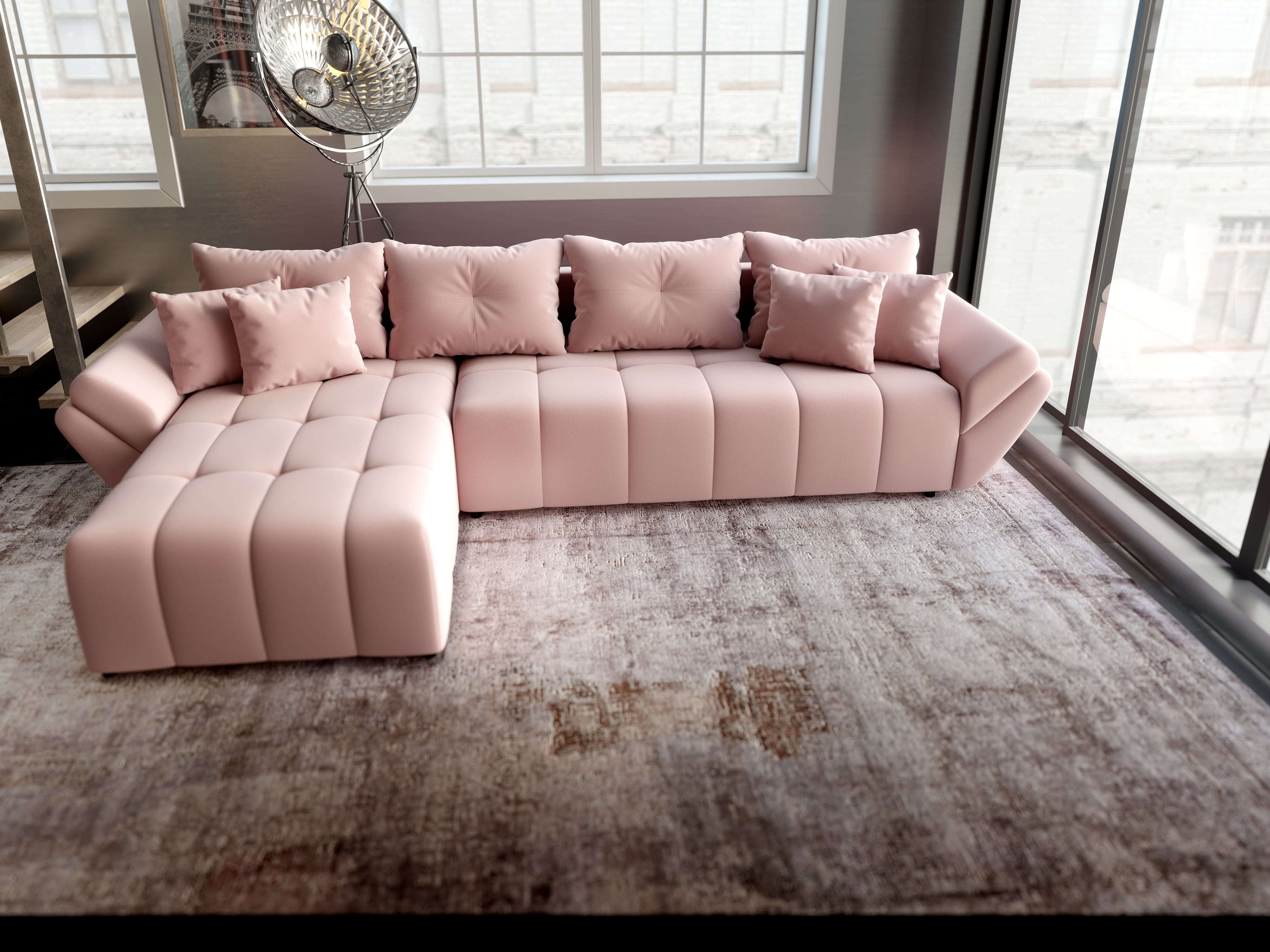 Colțar extensibil dumonde cu ladă de depozitare si sezut confortabil din spuma HR, Berlin XL Royal Roz 350x185 cm Fabrica