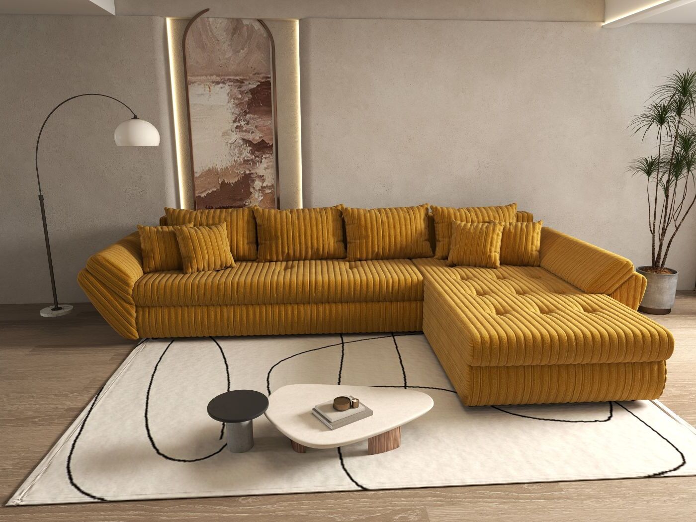 Colțar extensibil dumonde cu ladă de depozitare si sezut confortabil din spuma HR, Loana XL Ambience Mustar II 335x185 cm Fabrica