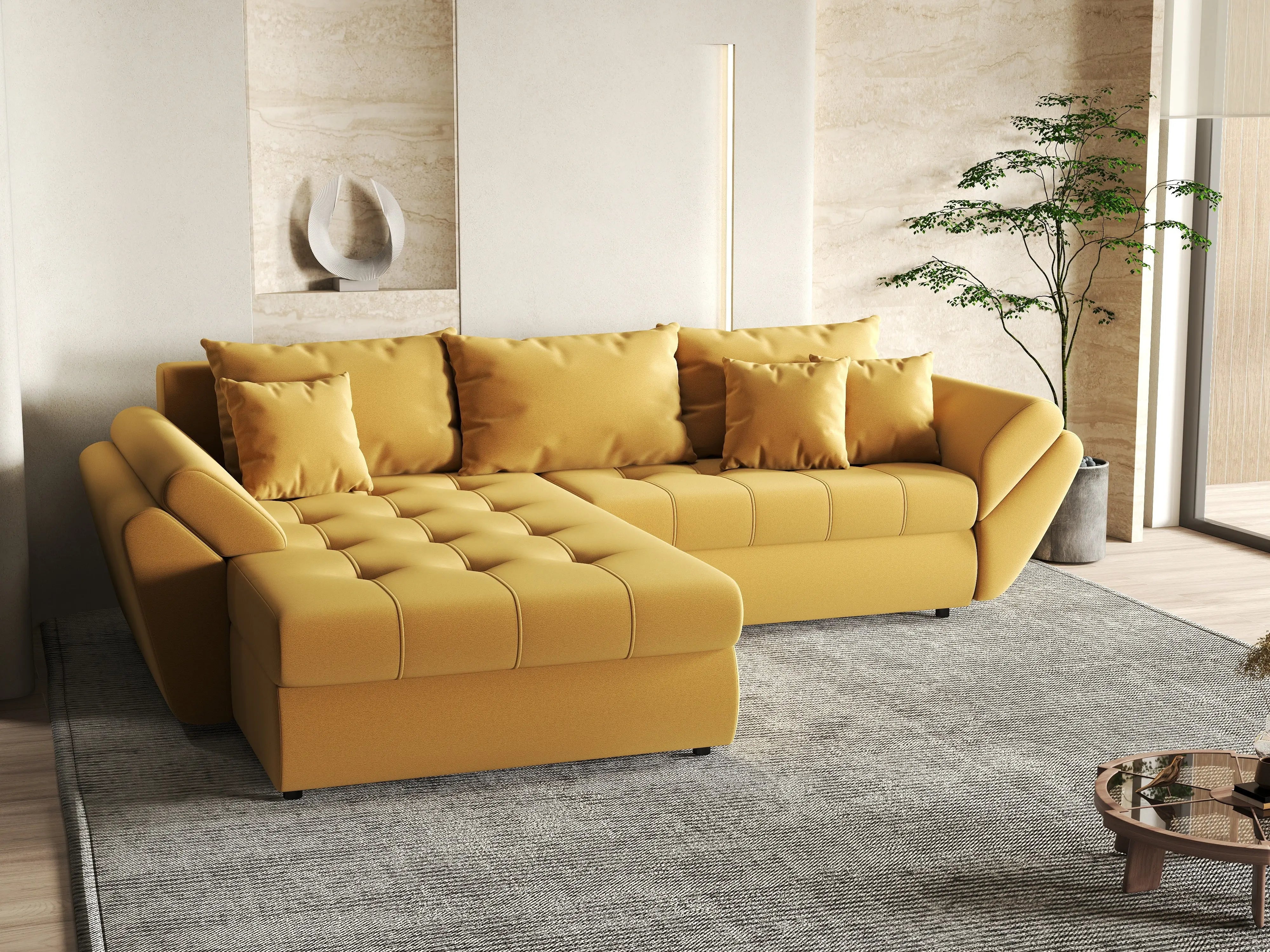 Colțar extensibil dumonde cu ladă de depozitare si sezut confortabil din spuma HR, Loana Muștar 270x185 cm Fabrica