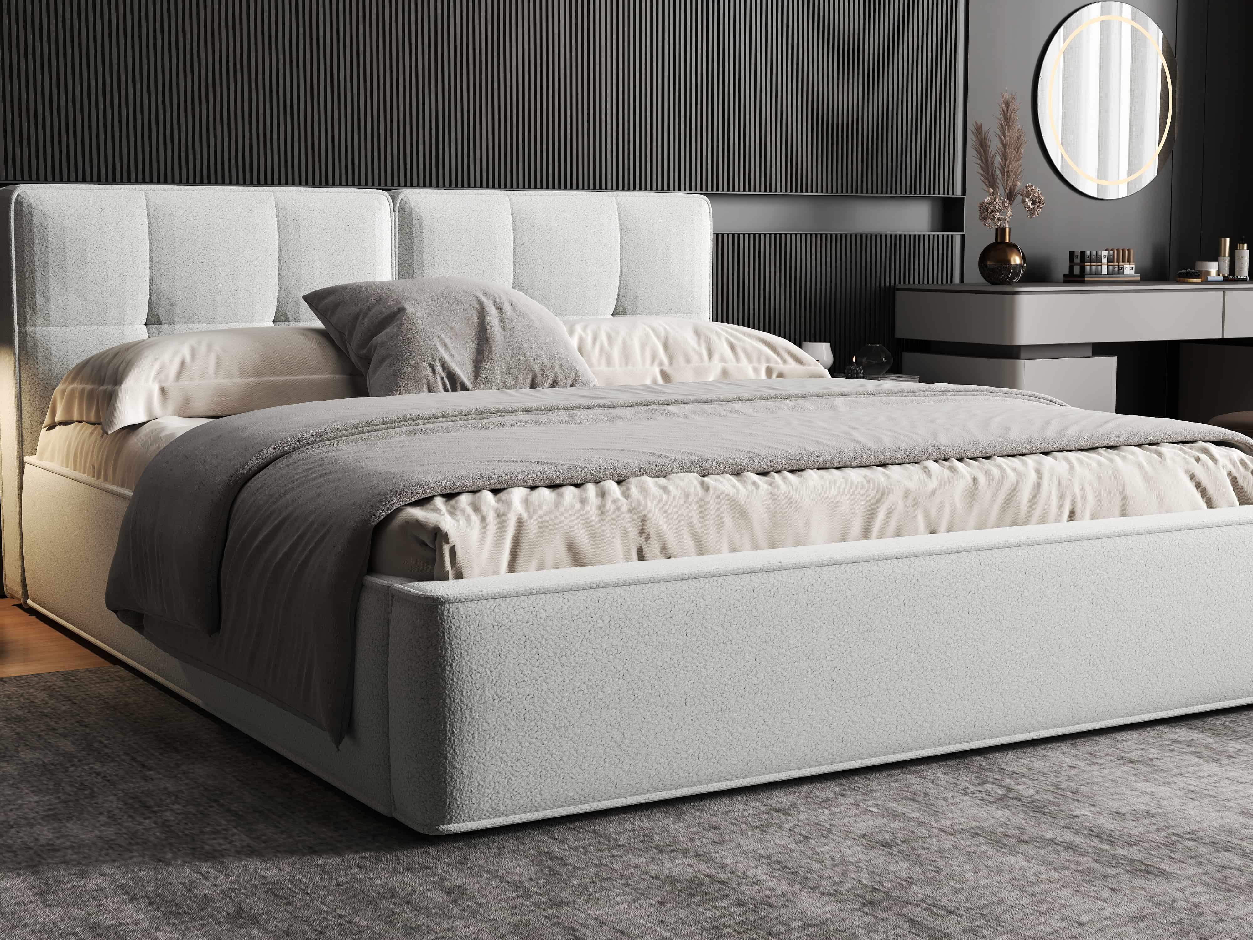 Pat dormitor dumonde, tapitat alb, Madrid 160x200 cm, somiera rabatabila inclusa, spatiu depozitare WLS