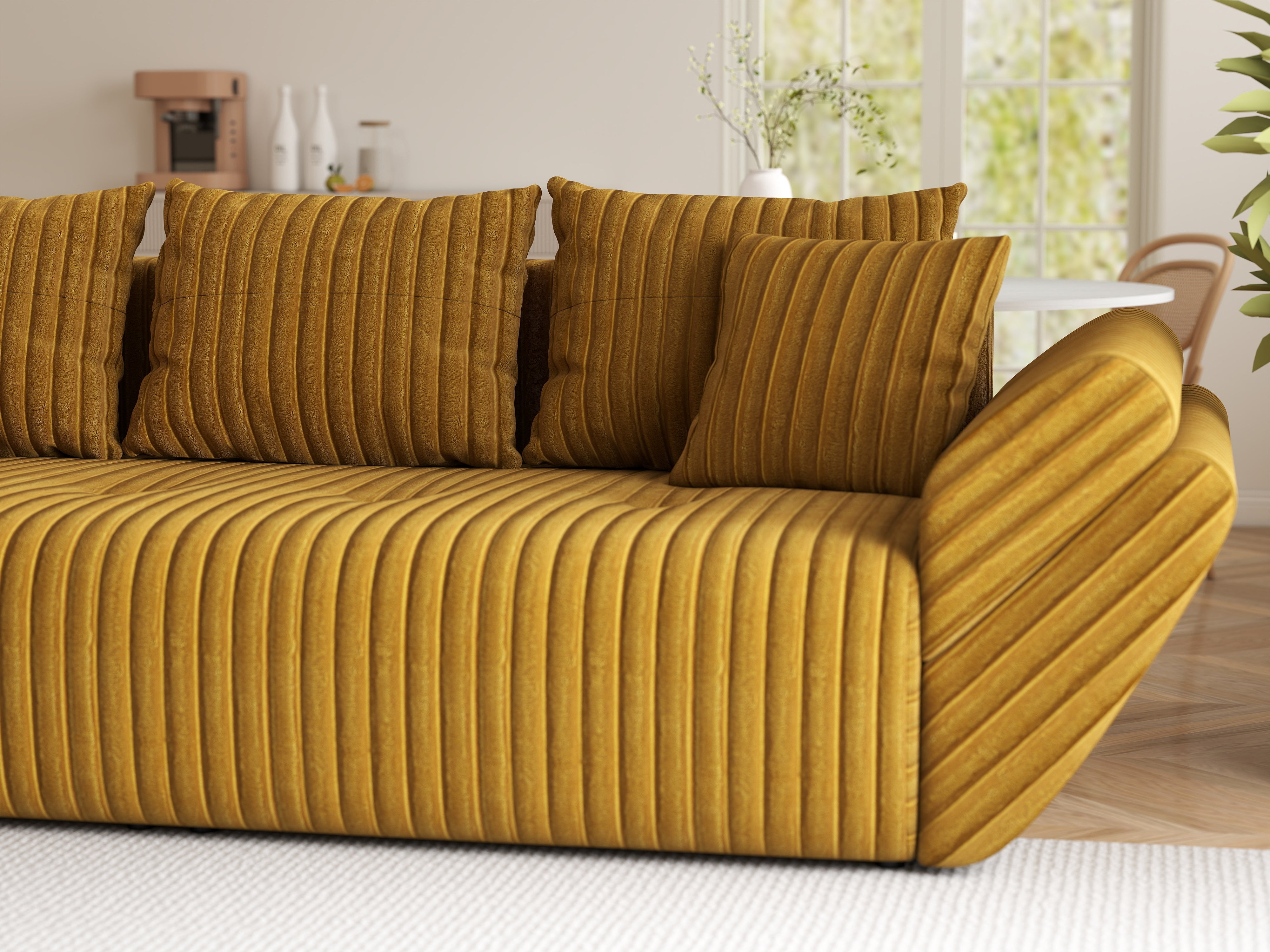 Canapea extensibilă dumonde cu ladă de depozitare si sezut confortabil din spuma HR, Berlin Ambience Mustar 250x100 cm Fabrica