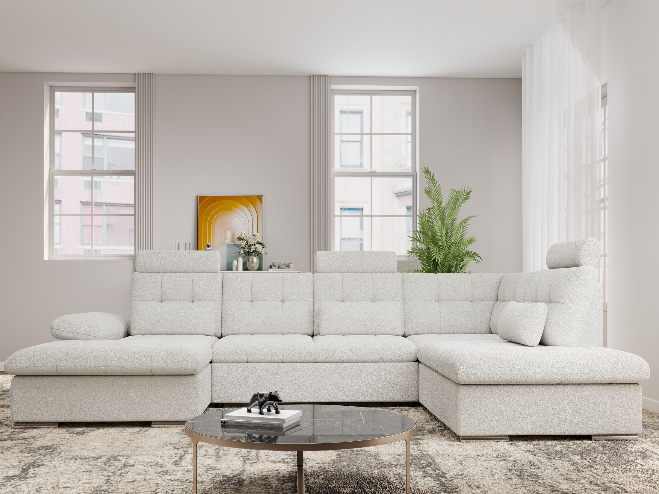 Colțar extensibil dumonde cu ladă de depozitare și șezut confortabil din spumă HR, Merkur U Euphoria Alb 324x218 cm