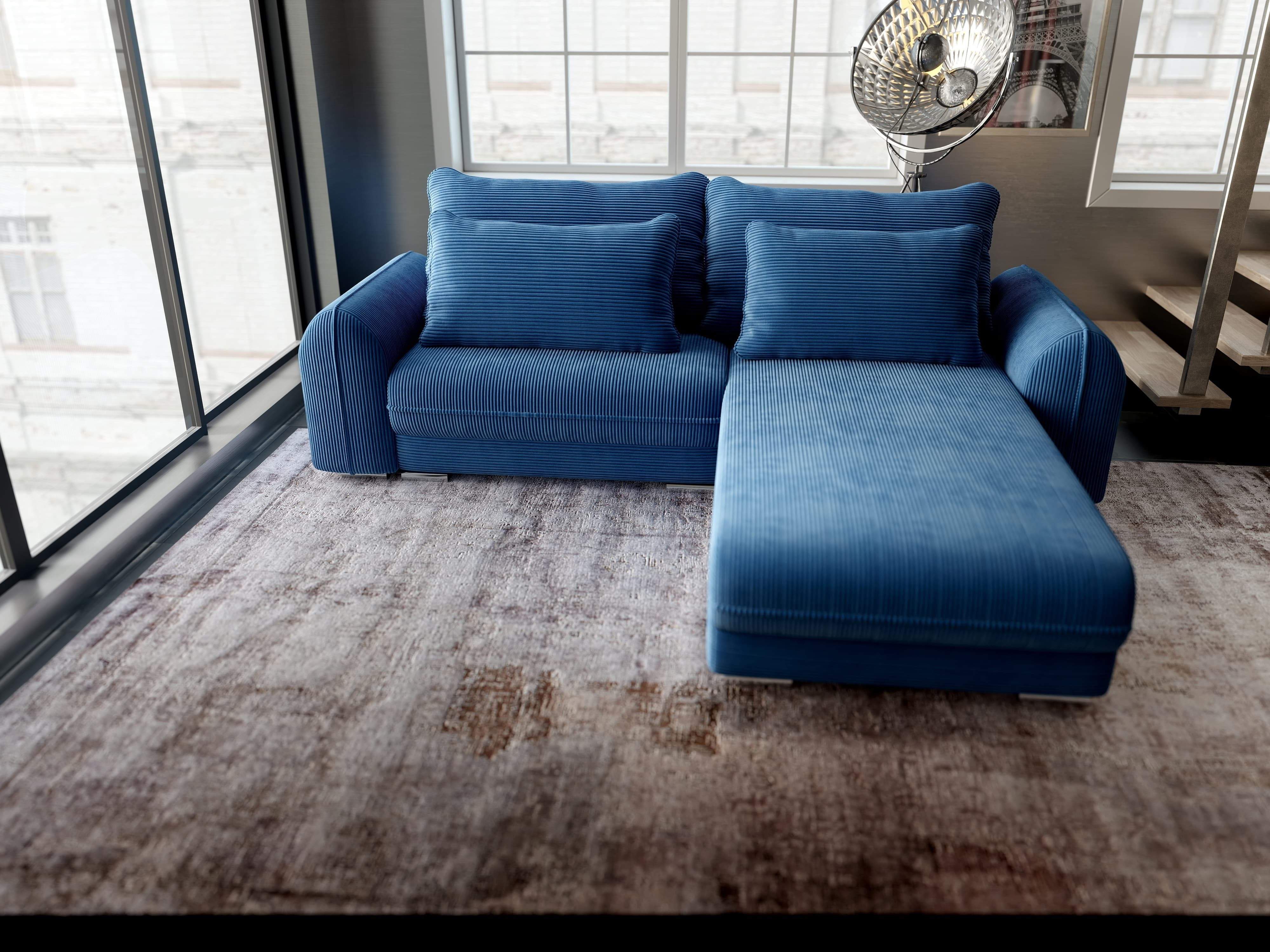 Colțar extensibil dumonde cu ladă de depozitare si sezut confortabil din spuma HR, Denver Zoom Albastru 275x185 cm II Fabrica