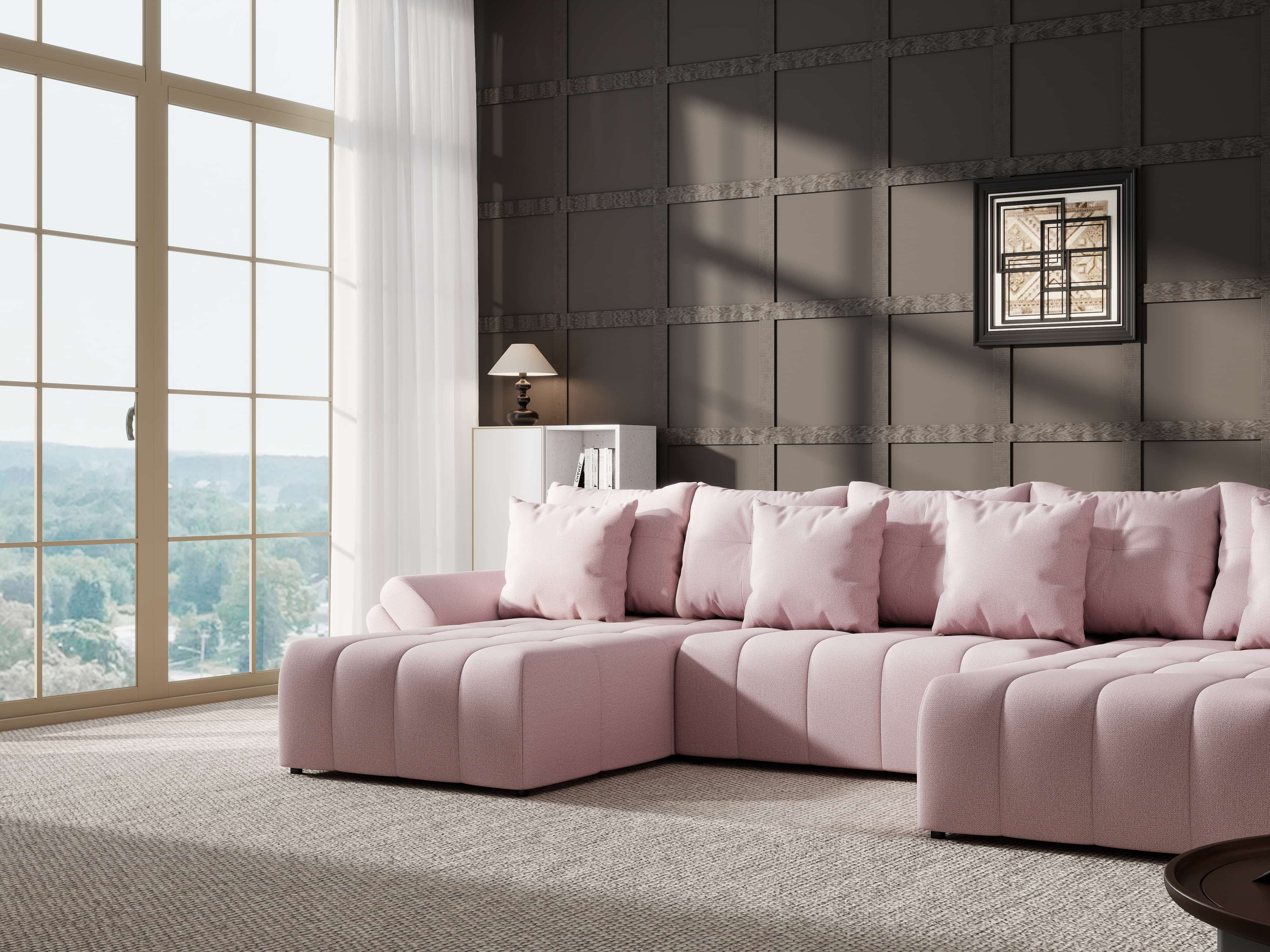 Colțar extensibil dumonde cu ladă de depozitare si sezut confortabil din spuma HR, Berlin U Enjoy Flamingo 380x180 cm Fabrica