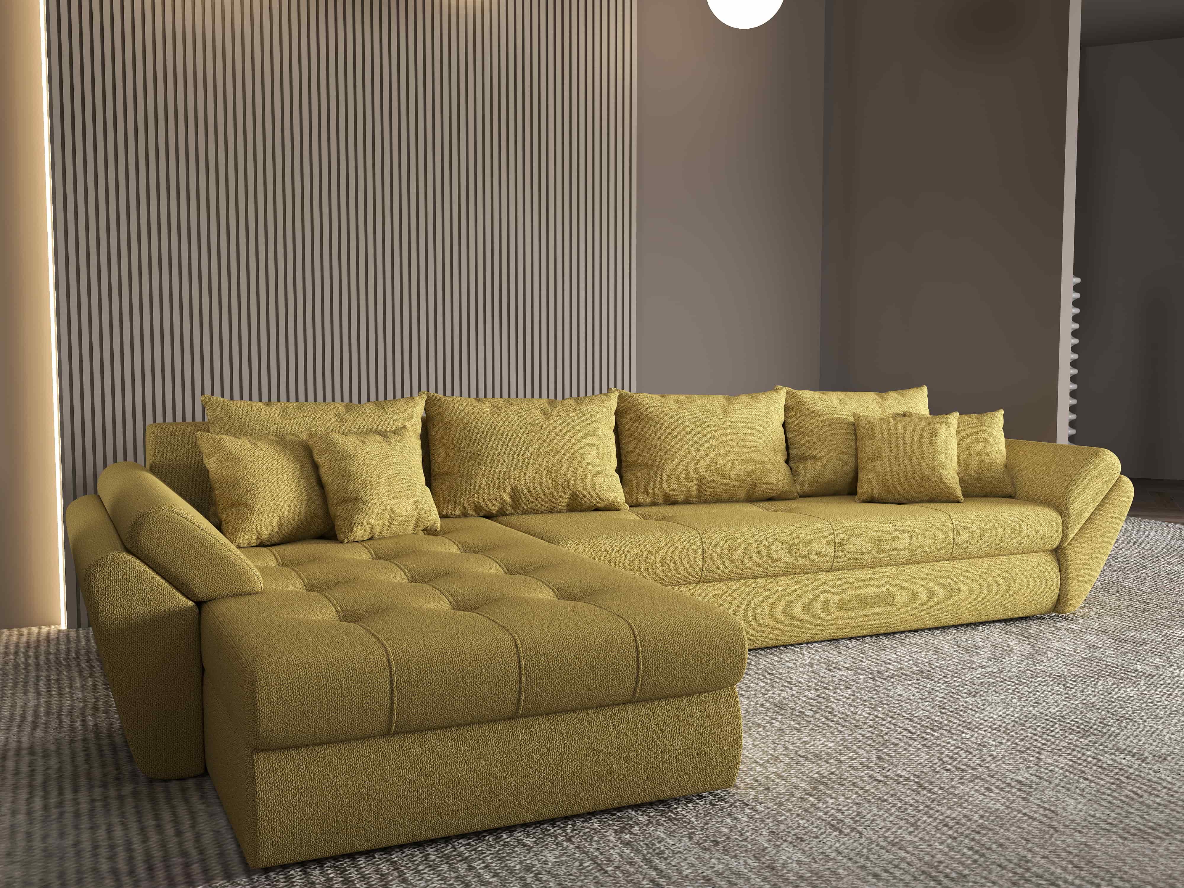 Colțar extensibil dumonde cu ladă de depozitare si sezut confortabil din spuma HR, Loana XL Enjoy Melon 335x185 cm Fabrica