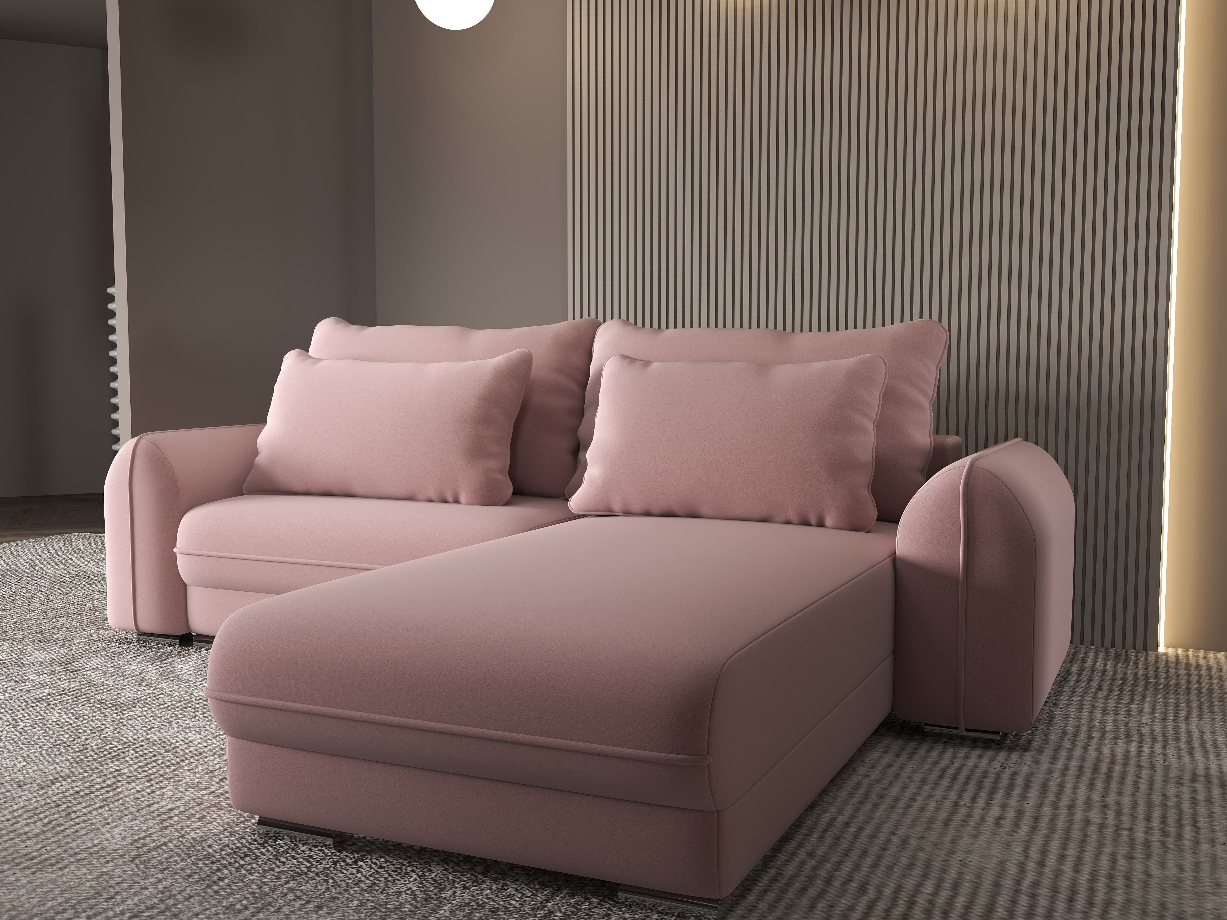 Colțar extensibil dumonde cu ladă de depozitare si sezut confortabil din spuma HR, Denver Royal Roz 275x185 cm II Fabrica